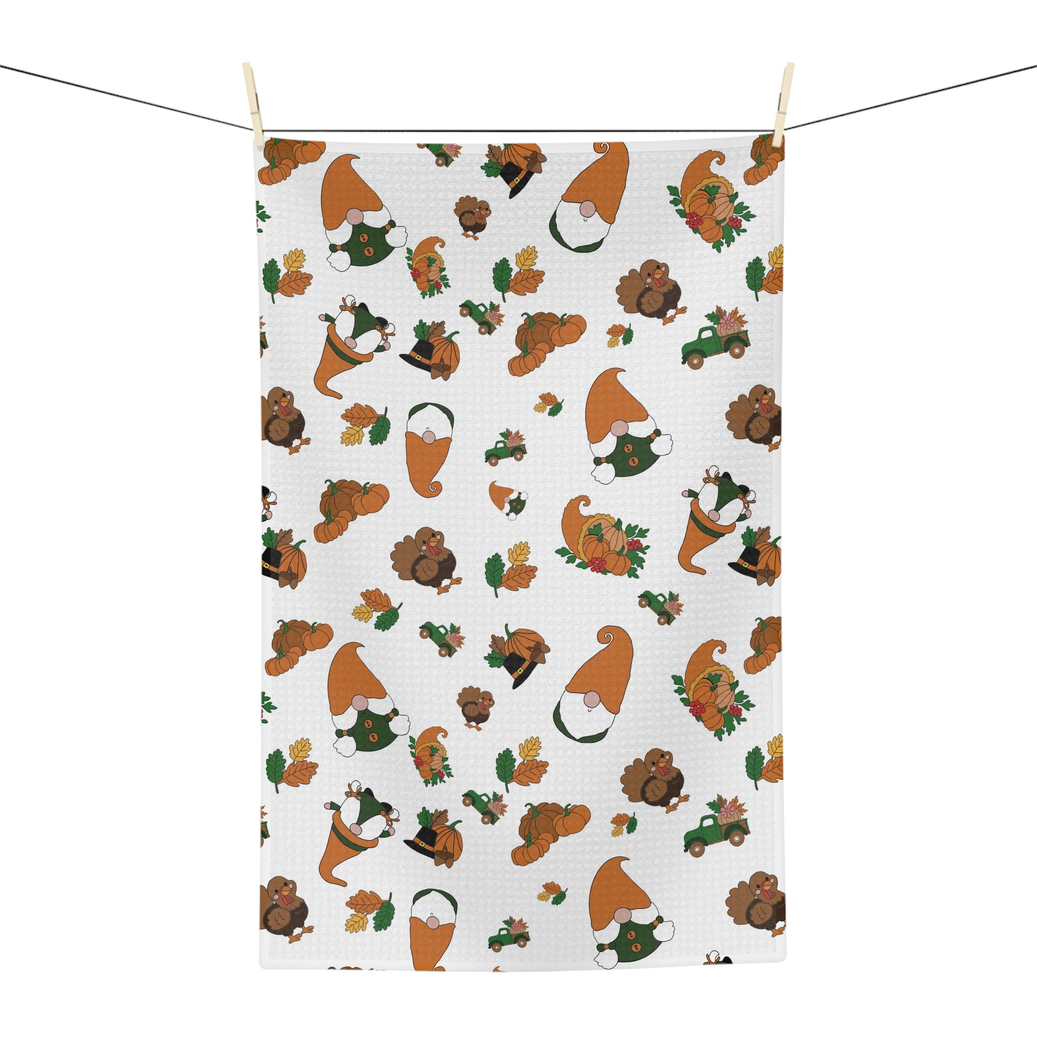 Thanksgiving Gnome Pattern Microfiber Tea Towel | Fall Leaves, Pumpkins