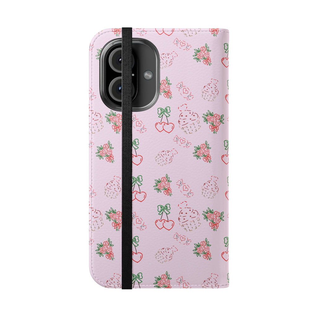 Cherry Pattern Flip Case | Pink Floral Retro Cherries Phone Wallet