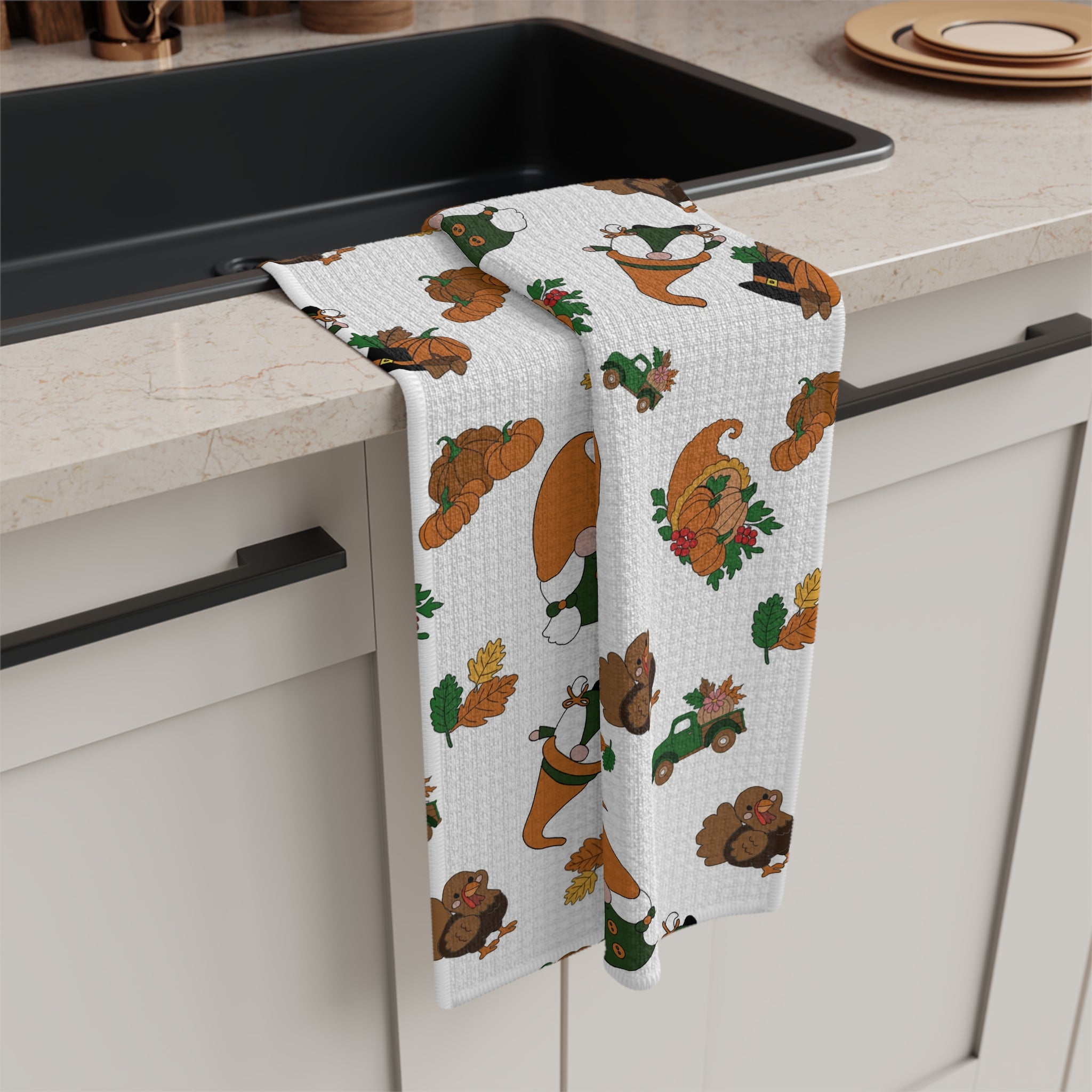 Thanksgiving Gnome Pattern Microfiber Tea Towel | Fall Leaves, Pumpkins