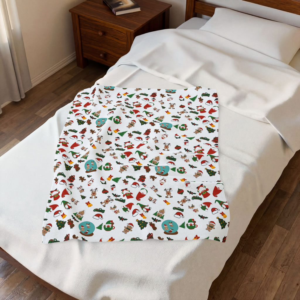 Christmas Cookie Pattern Velveteen Plush Blanket | Holiday Gingerbread Santa Trees