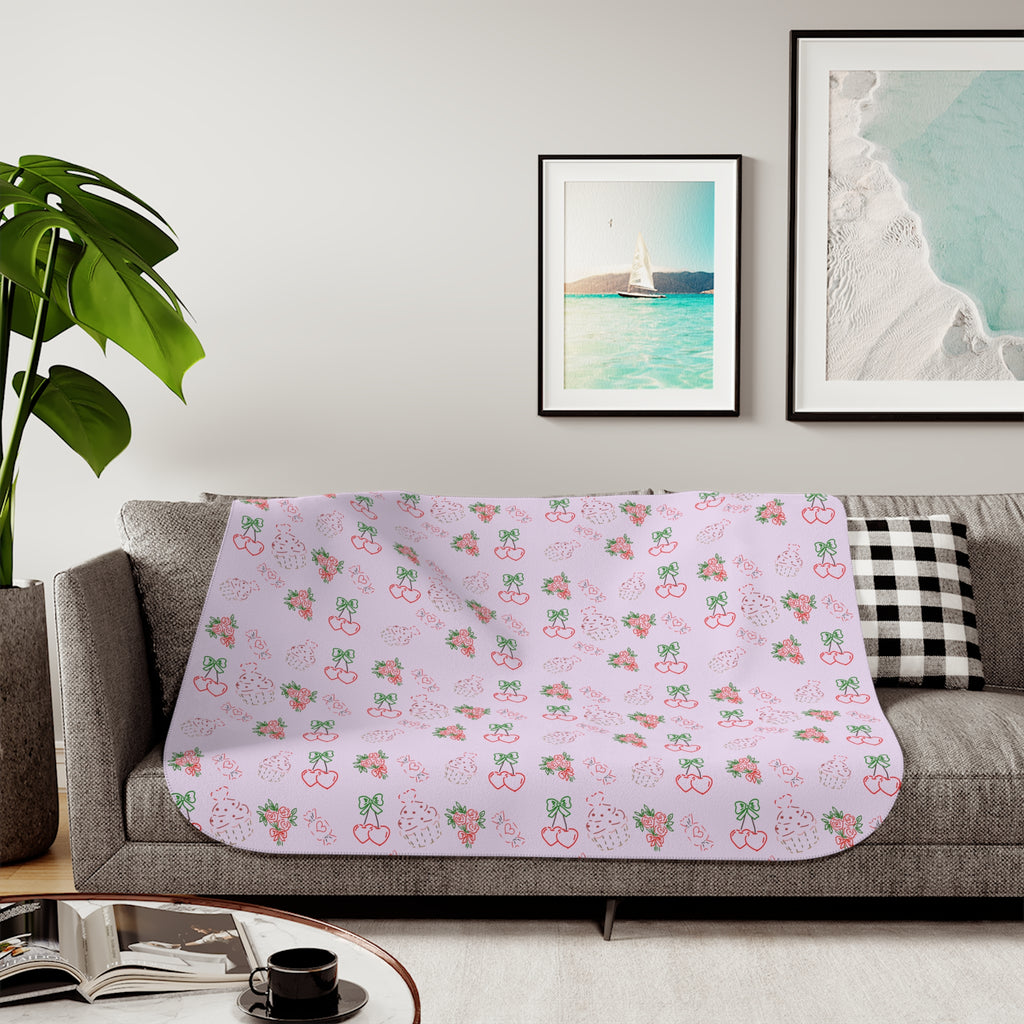 Cherry , Cupcakes, Flowers Pattern Sherpa Blanket | Reversible Cozy Throw