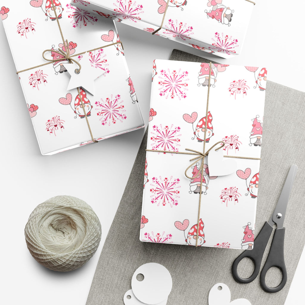 Valentine Gnome Pattern Gift Wrap, Pink Heart Wrapping Paper | Cute Gnomes
