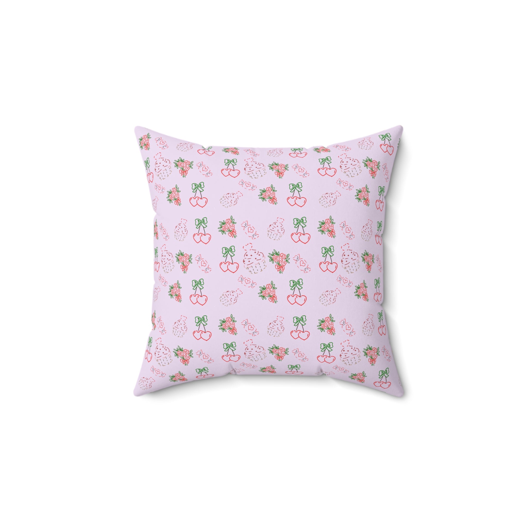 Cherry , Cupcakes , Flowers - Valentines Day Pattern Pillow | Pink Floral Cherry Throw Pillow