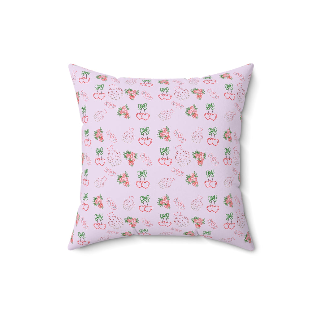 Cherry , Cupcakes , Flowers - Valentines Day Pattern Pillow | Pink Floral Cherry Throw Pillow