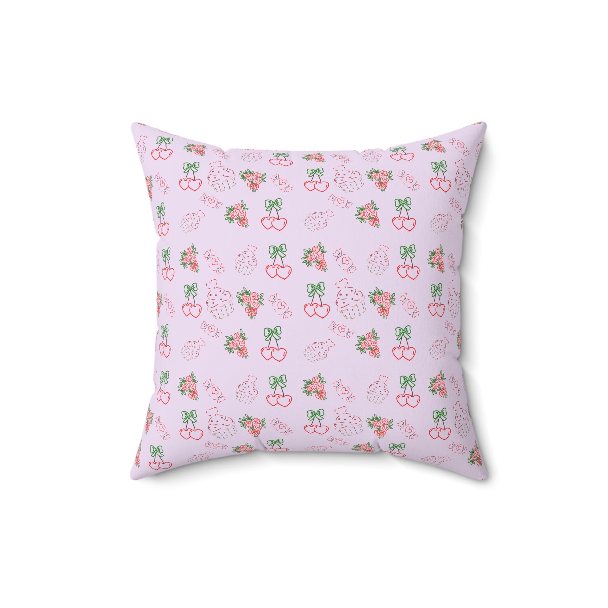 Cherry , Cupcakes , Flowers - Valentines Day Pattern Pillow | Pink Floral Cherry Throw Pillow