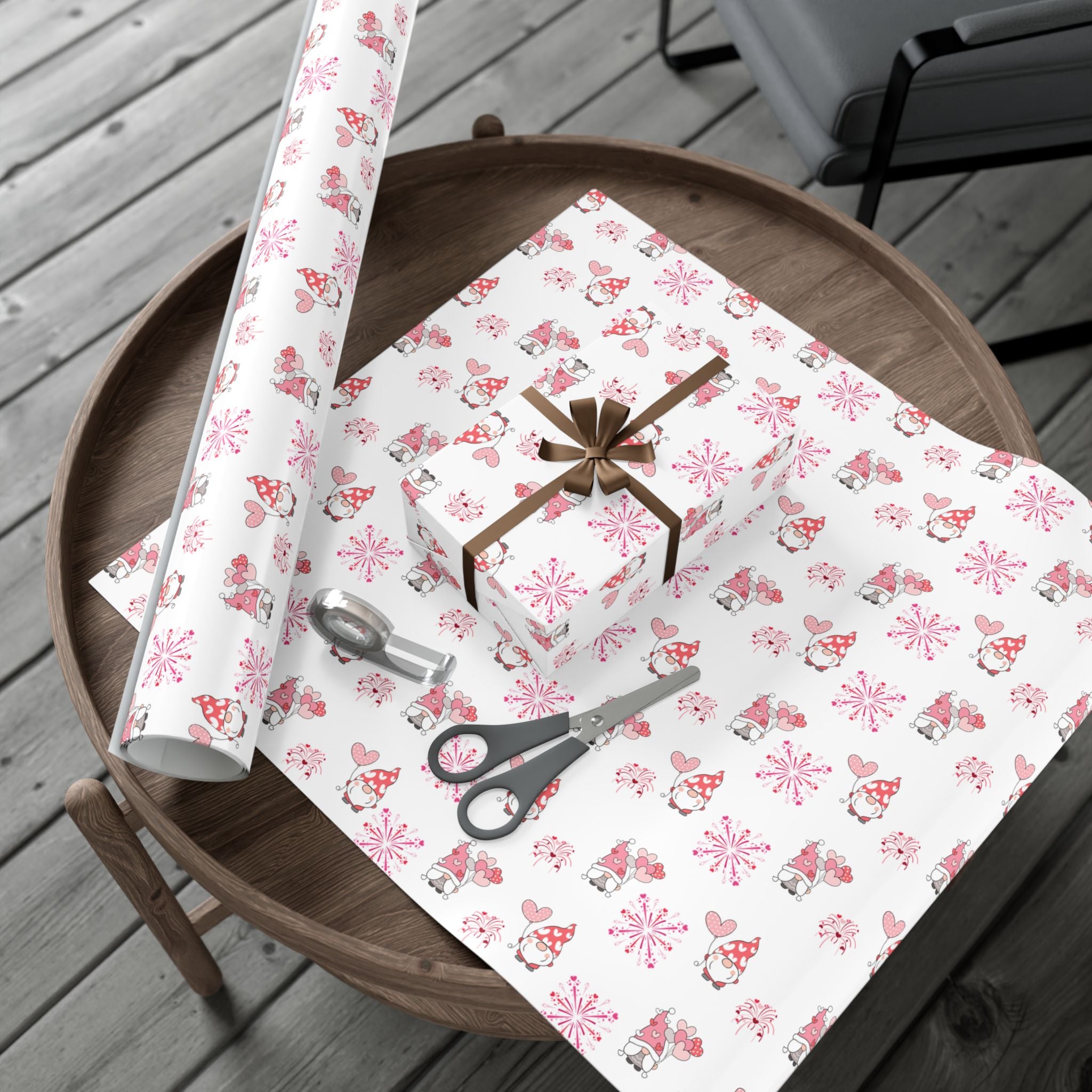 Valentine Gnome Pattern Gift Wrap, Pink Heart Wrapping Paper | Cute Gnomes