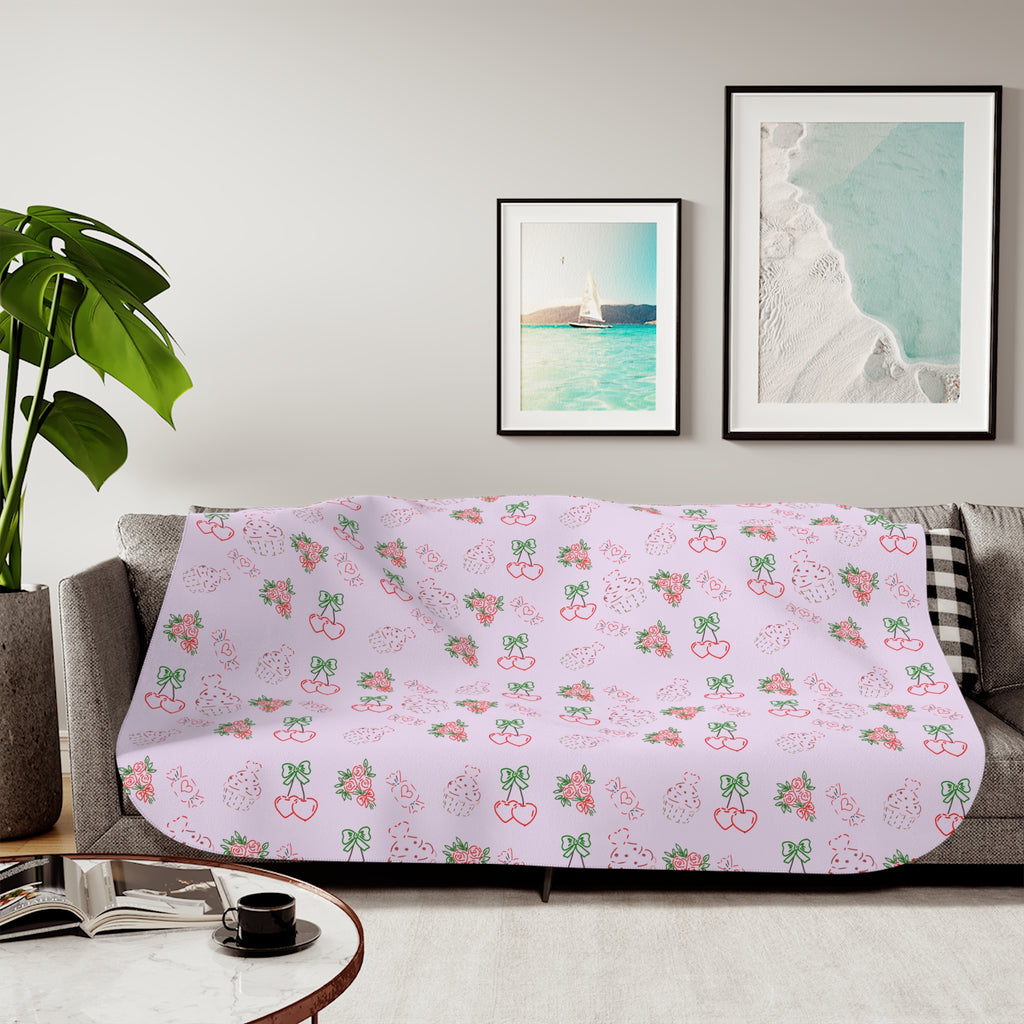 Cherry , Cupcakes, Flowers Pattern Sherpa Blanket | Reversible Cozy Throw