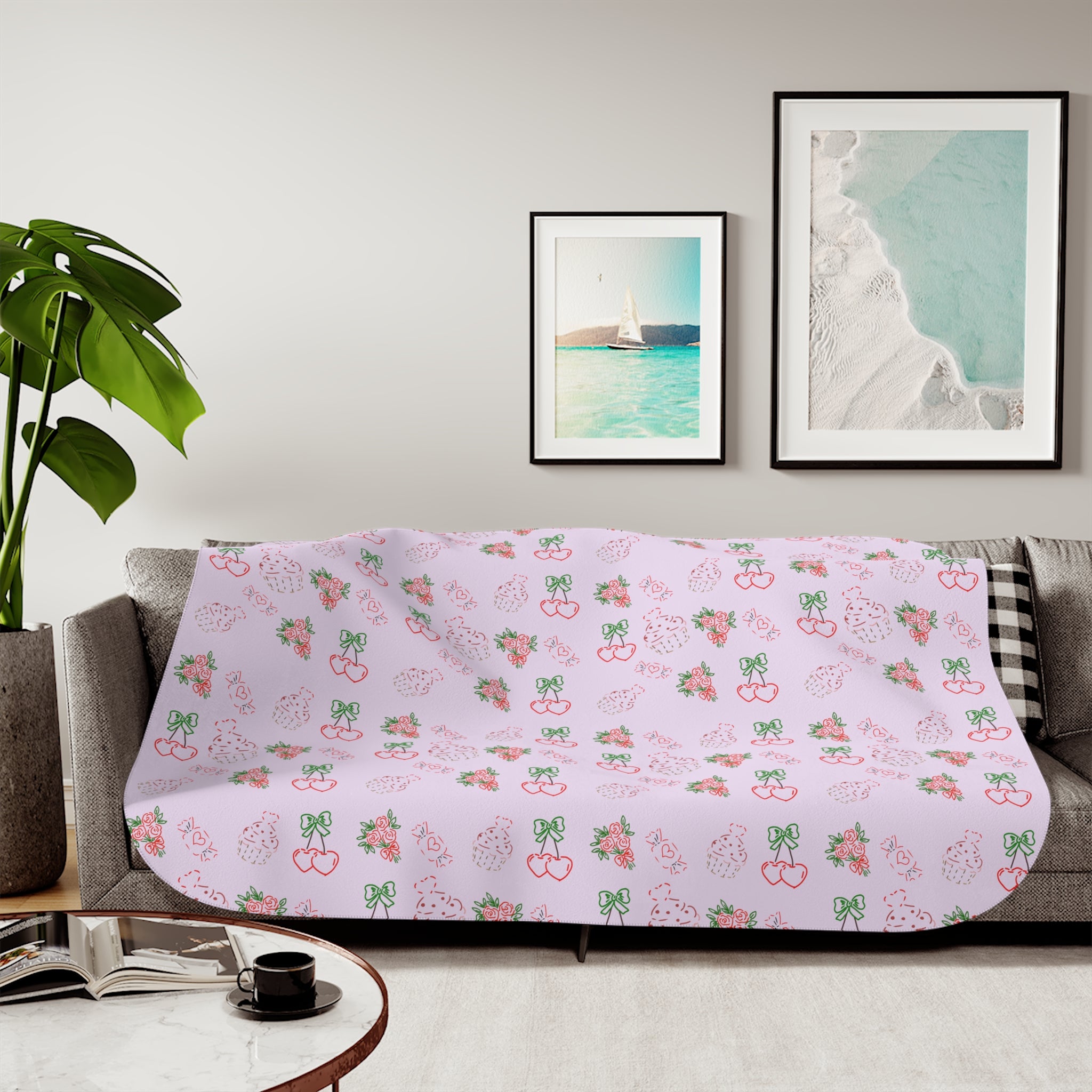 Cherry , Cupcakes, Flowers Pattern Sherpa Blanket | Reversible Cozy Throw