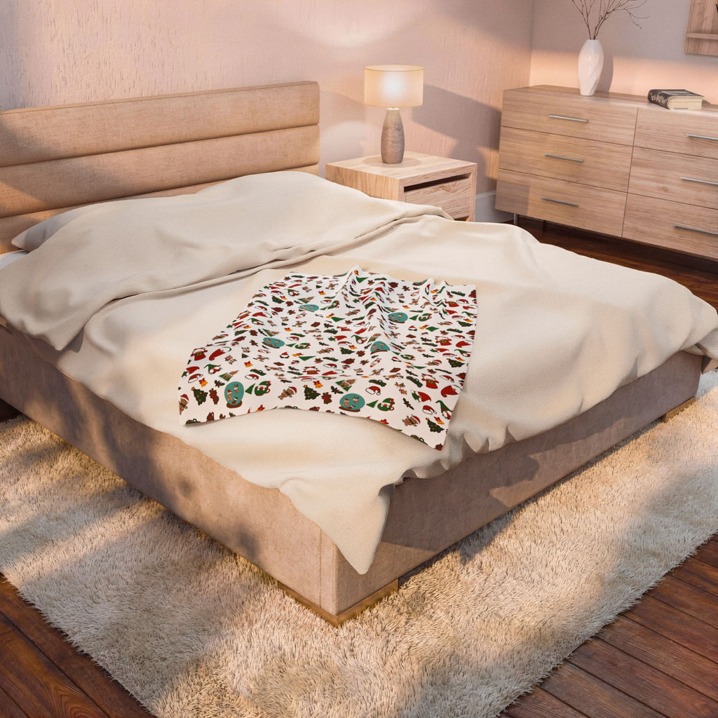 Christmas Cookie Pattern Velveteen Plush Blanket | Holiday Gingerbread Santa Trees