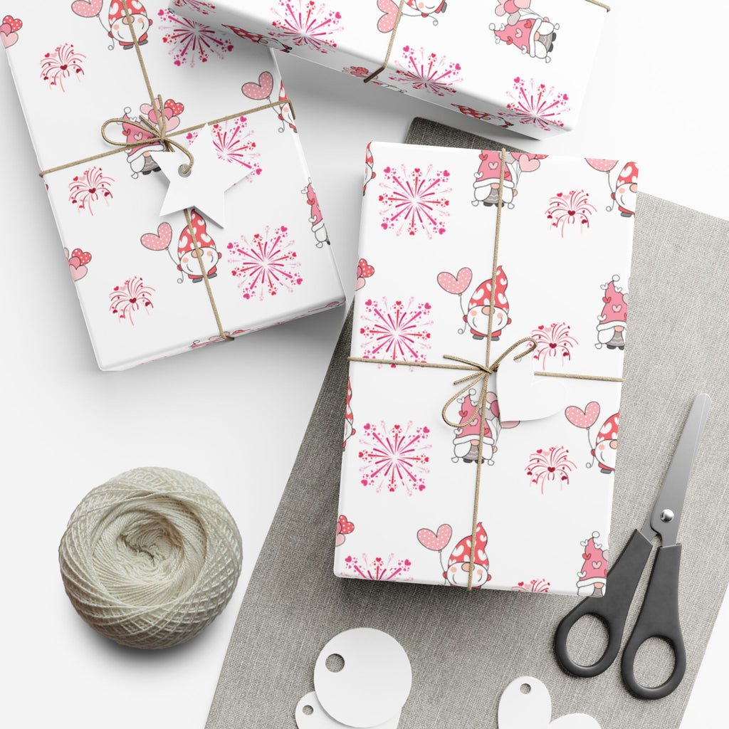 Valentine Gnome Pattern Gift Wrap, Pink Heart Wrapping Paper | Cute Gnomes