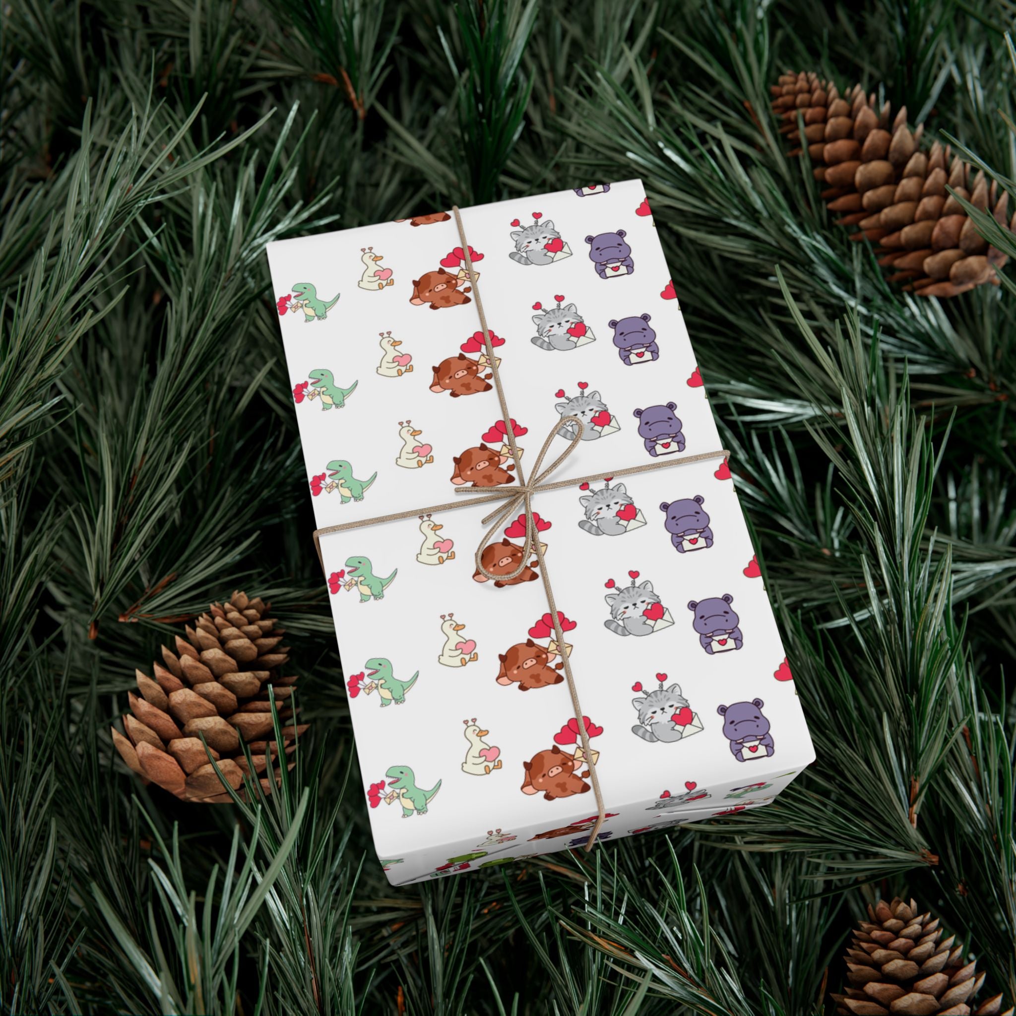 Cute Animal Valentines Pattern Gift Wrap Paper | Repeating Fox Bear Frog Design