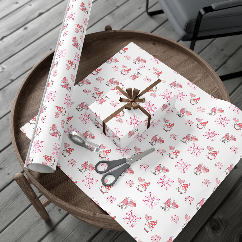 Valentine Gnome Pattern Gift Wrap, Pink Heart Wrapping Paper | Cute Gnomes