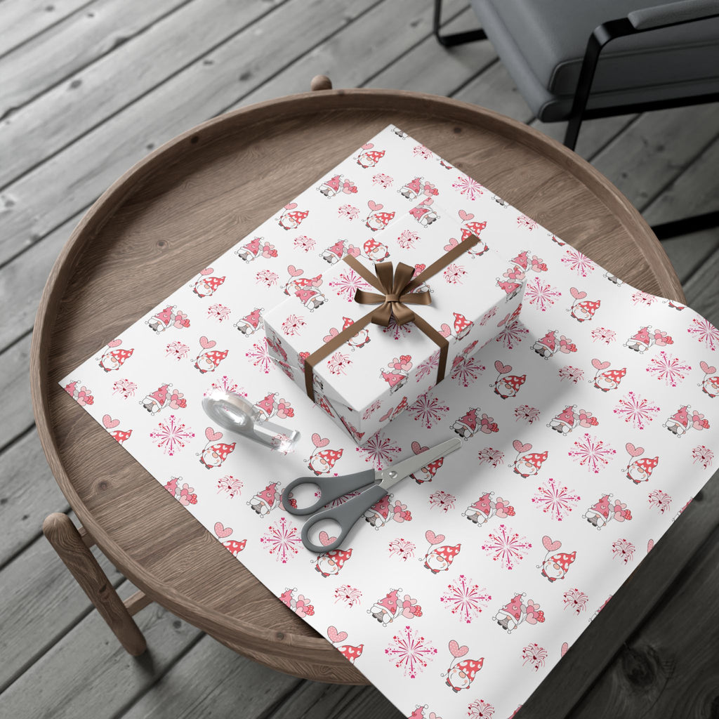 Valentine Gnome Pattern Gift Wrap, Pink Heart Wrapping Paper | Cute Gnomes