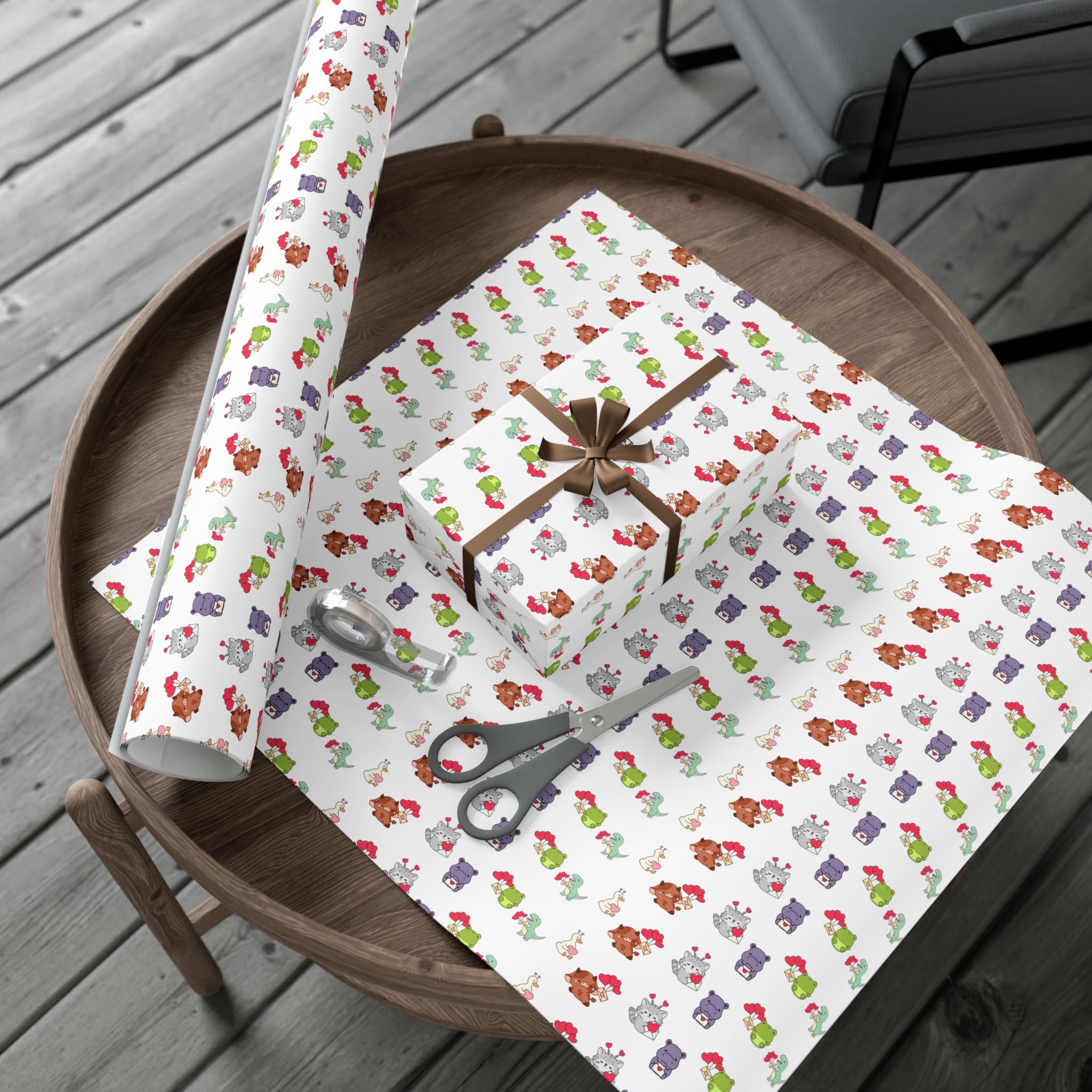 Cute Animal Valentines Pattern Gift Wrap Paper | Repeating Fox Bear Frog Design