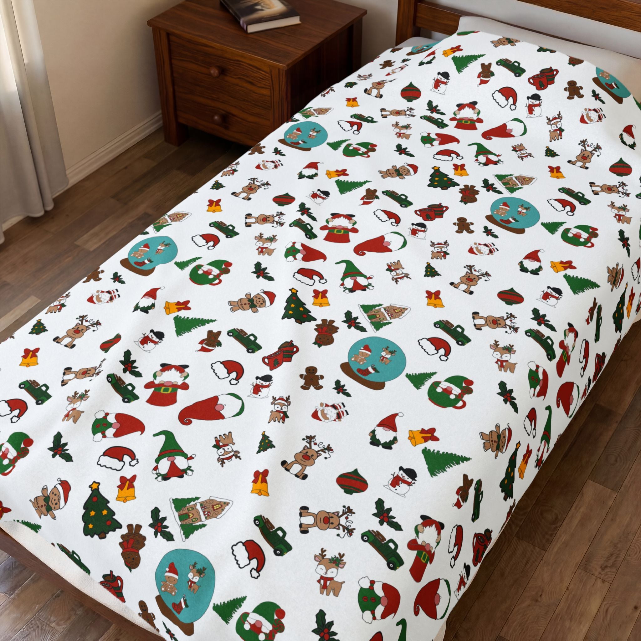 Christmas Cookie Pattern Velveteen Plush Blanket | Holiday Gingerbread Santa Trees