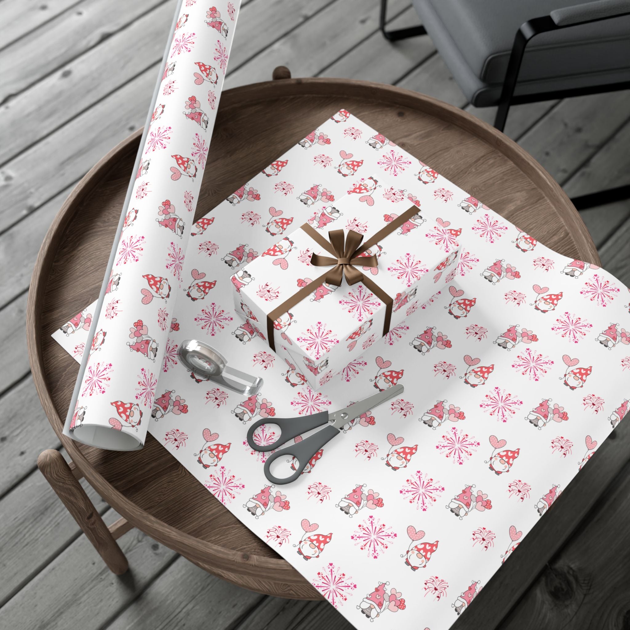 Valentine Gnome Pattern Gift Wrap, Pink Heart Wrapping Paper | Cute Gnomes