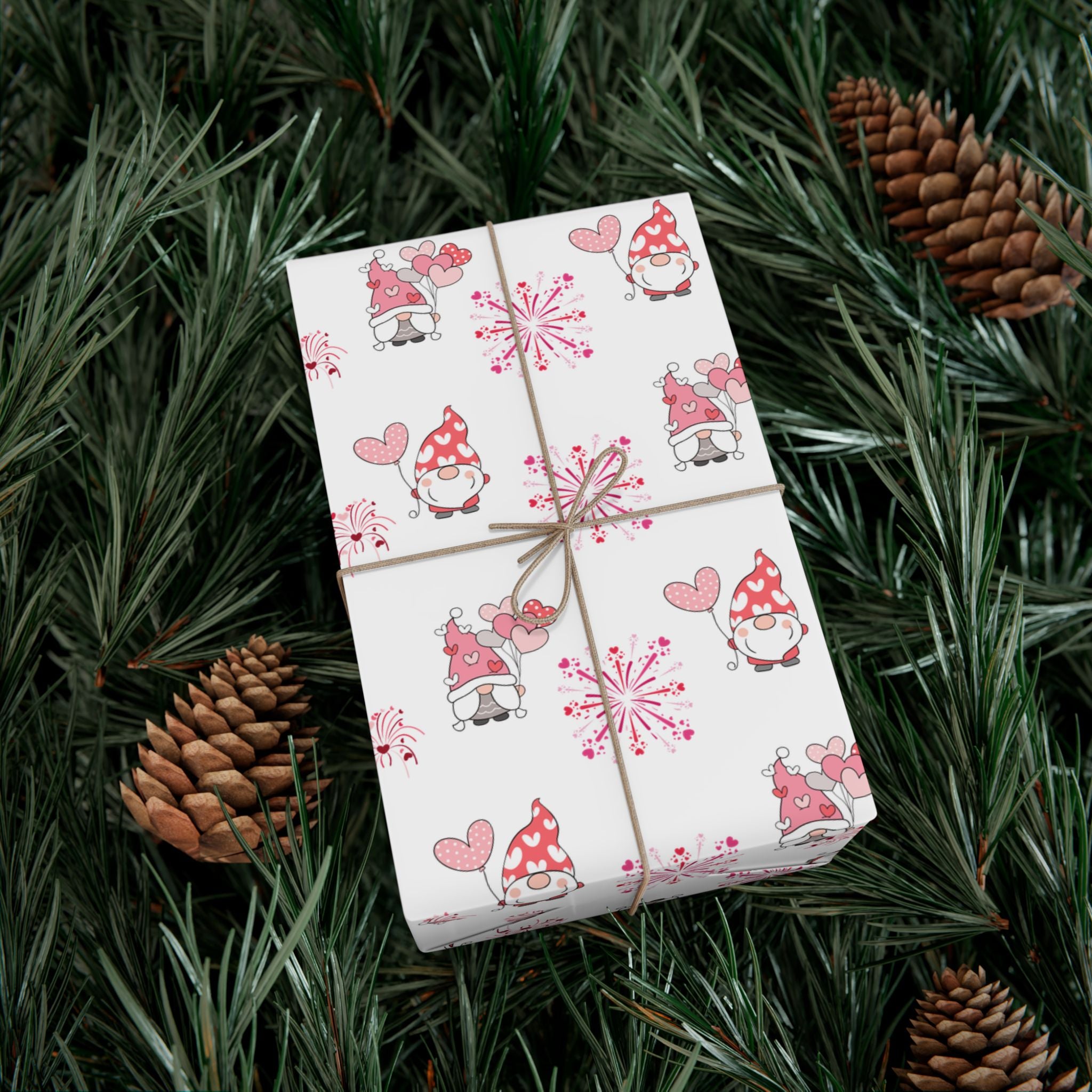 Valentine Gnome Pattern Gift Wrap, Pink Heart Wrapping Paper | Cute Gnomes