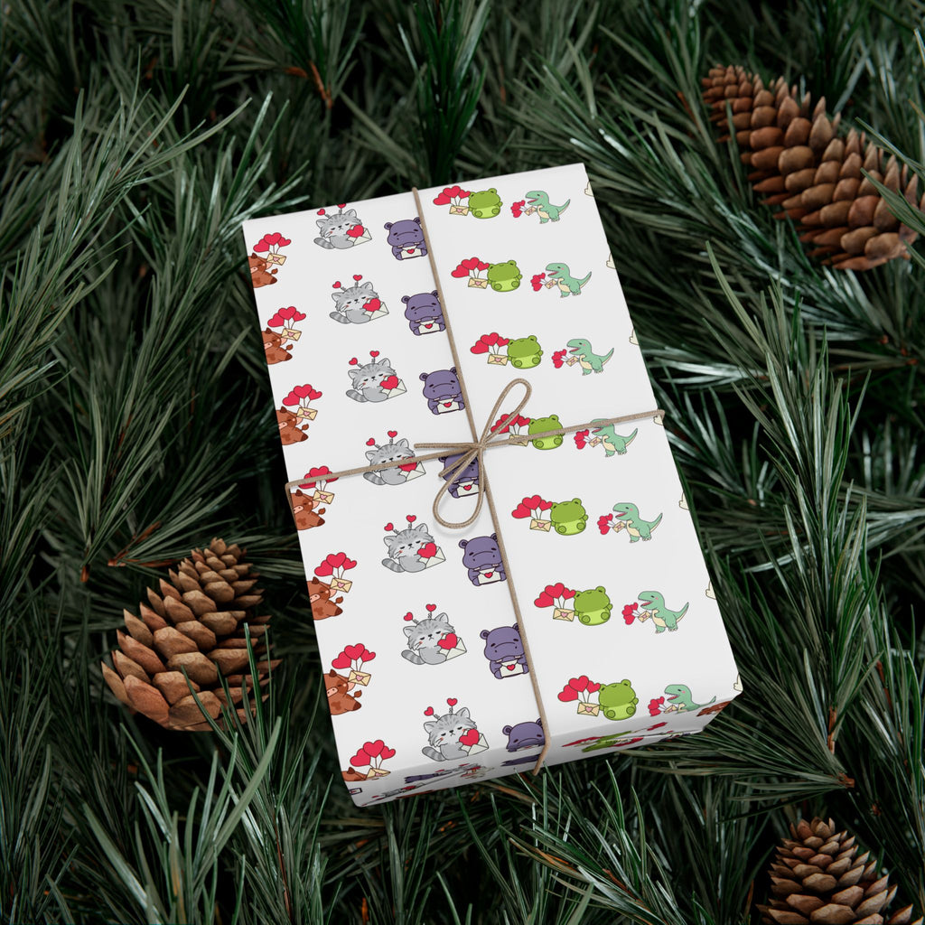 Cute Animal Valentines Pattern Gift Wrap Paper | Repeating Fox Bear Frog Design