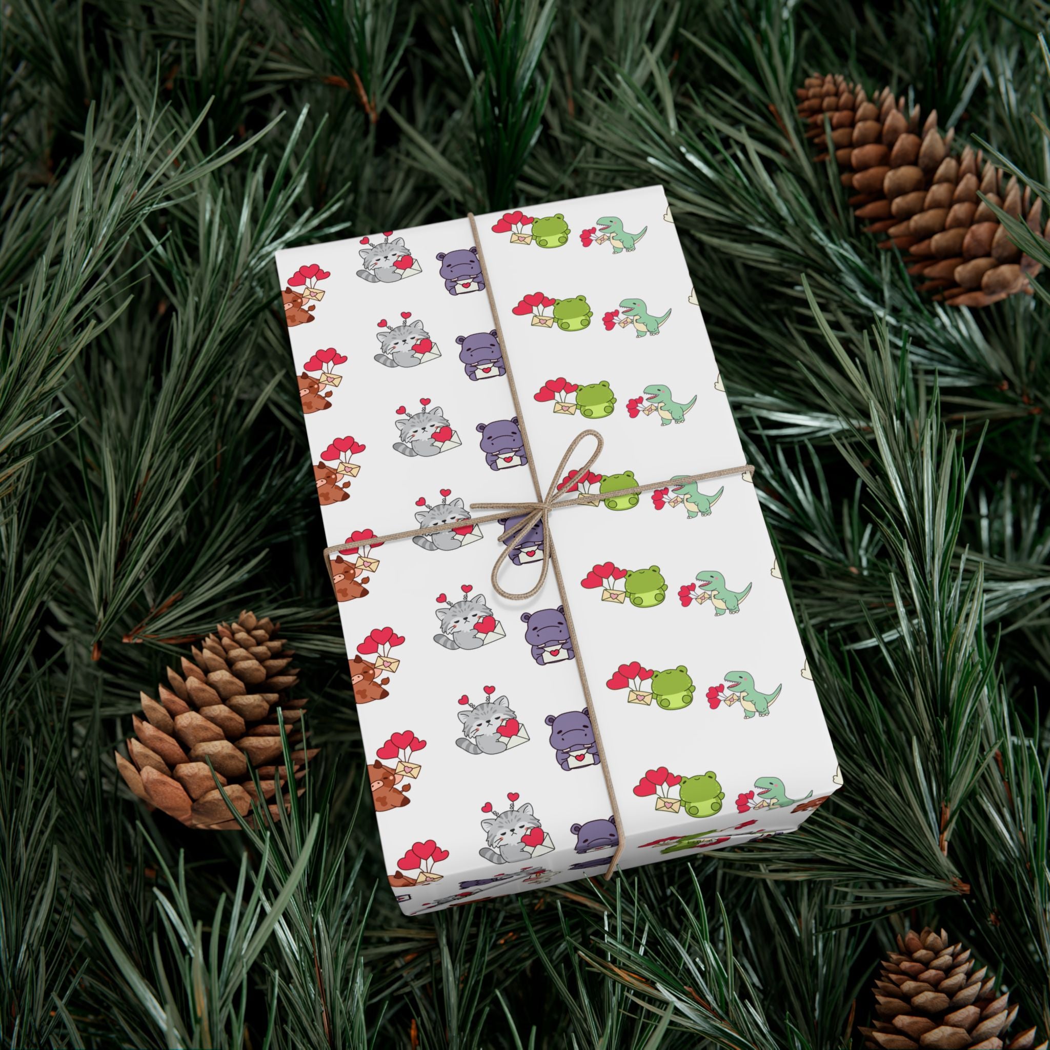 Cute Animal Valentines Pattern Gift Wrap Paper | Repeating Fox Bear Frog Design