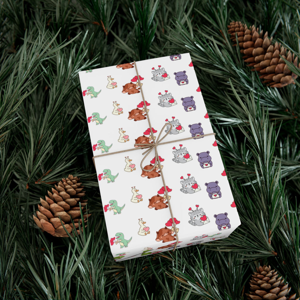 Cute Animal Valentines Pattern Gift Wrap Paper | Repeating Fox Bear Frog Design