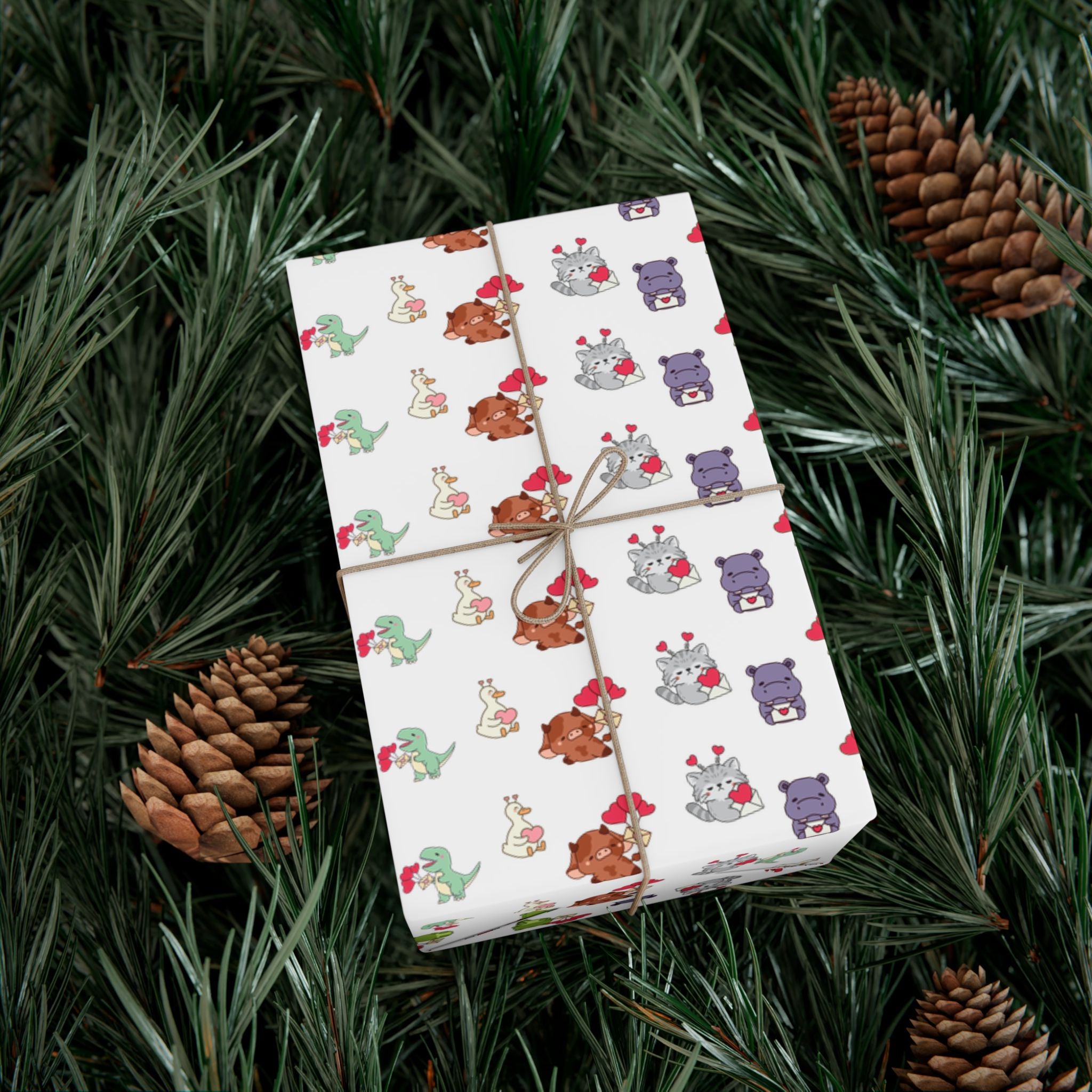Cute Animal Valentines Pattern Gift Wrap Paper | Repeating Fox Bear Frog Design