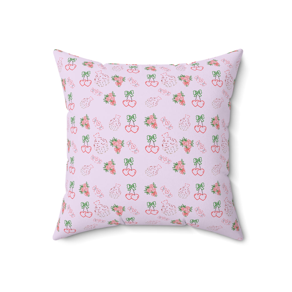 Cherry , Cupcakes , Flowers - Valentines Day Pattern Pillow | Pink Floral Cherry Throw Pillow