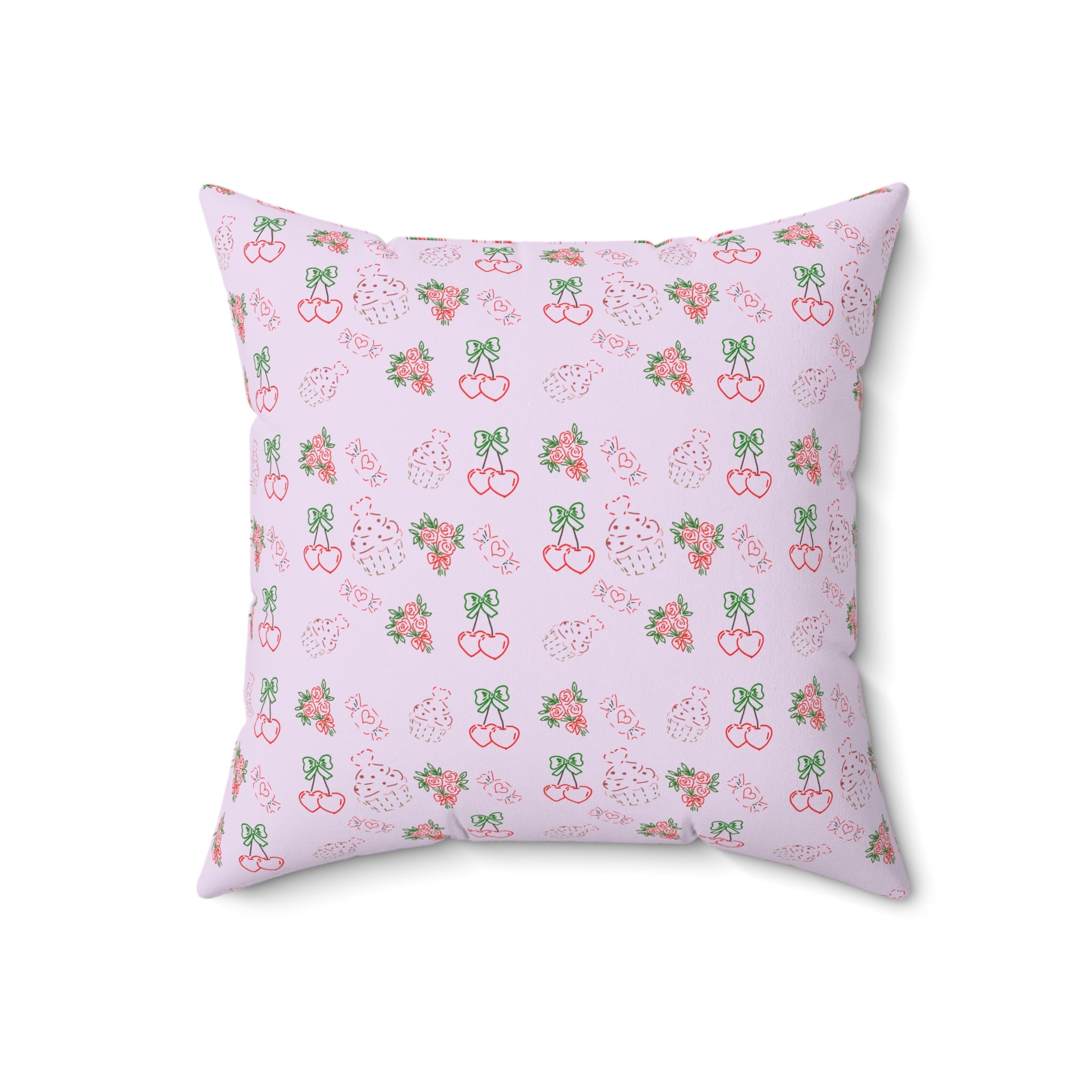 Cherry , Cupcakes , Flowers - Valentines Day Pattern Pillow | Pink Floral Cherry Throw Pillow