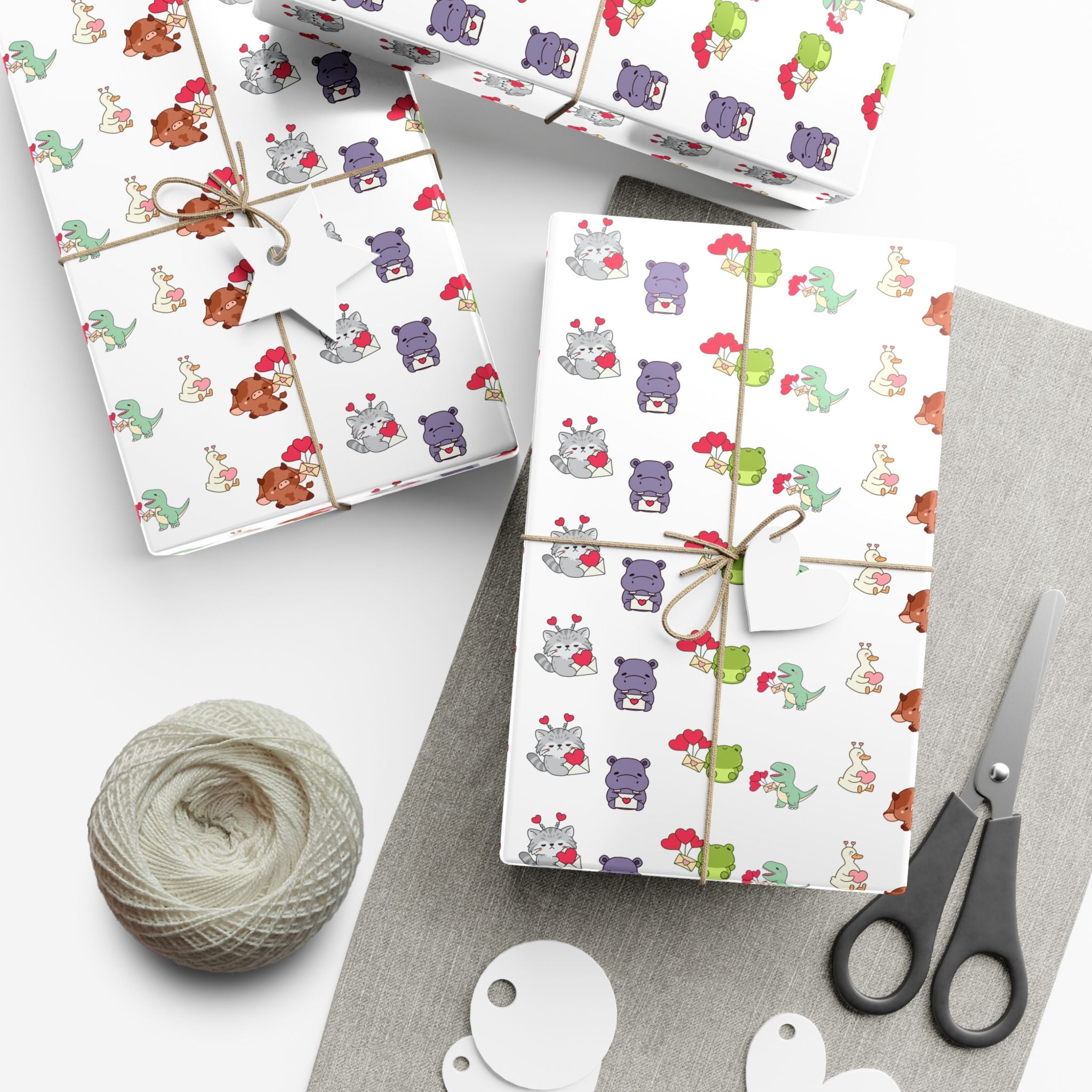 Cute Animal Valentines Pattern Gift Wrap Paper | Repeating Fox Bear Frog Design