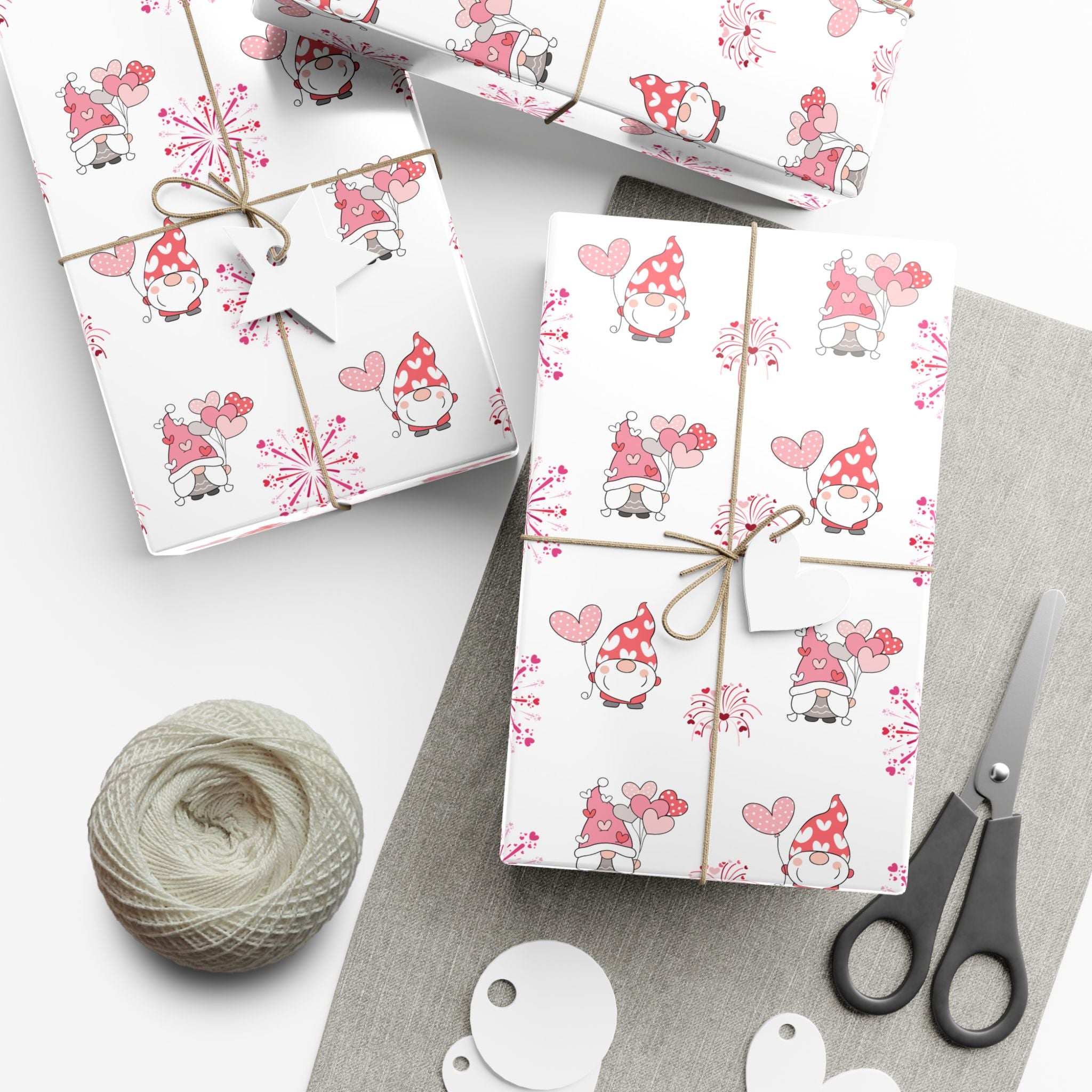 Valentine Gnome Pattern Gift Wrap, Pink Heart Wrapping Paper | Cute Gnomes