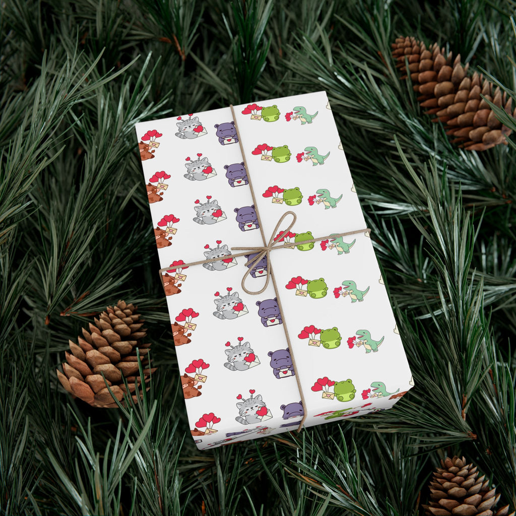 Cute Animal Valentines Pattern Gift Wrap Paper | Repeating Fox Bear Frog Design