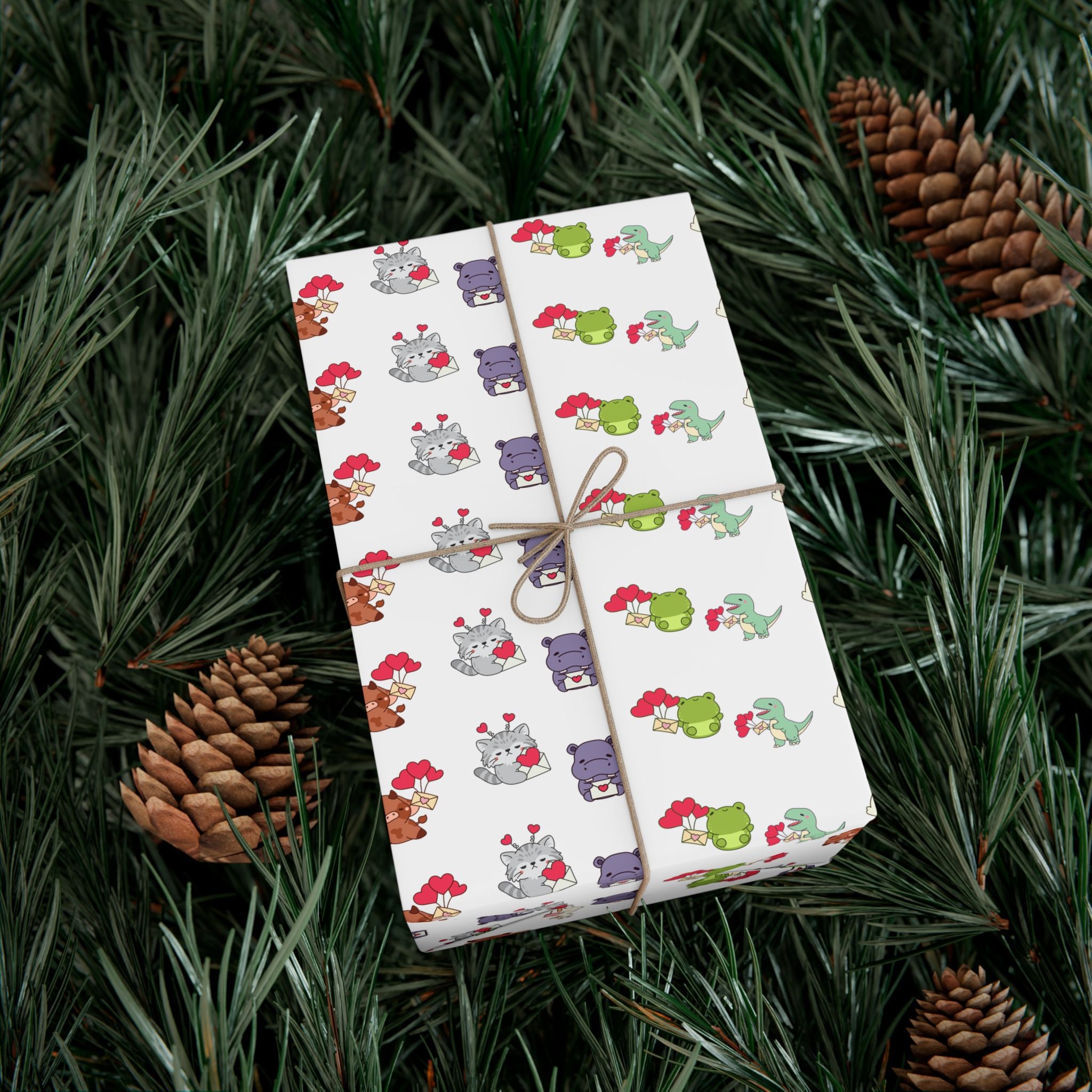 Cute Animal Valentines Pattern Gift Wrap Paper | Repeating Fox Bear Frog Design