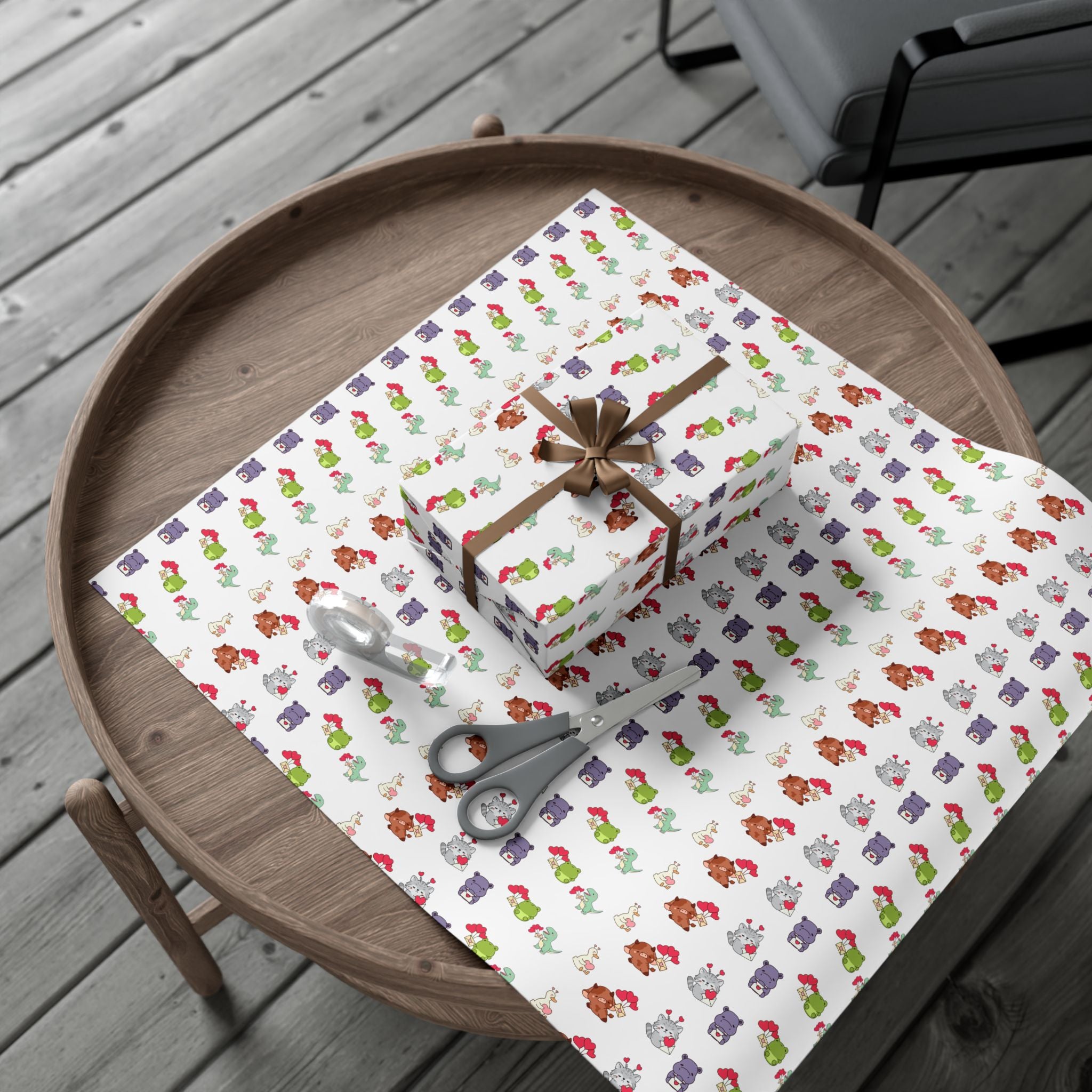 Cute Animal Valentines Pattern Gift Wrap Paper | Repeating Fox Bear Frog Design