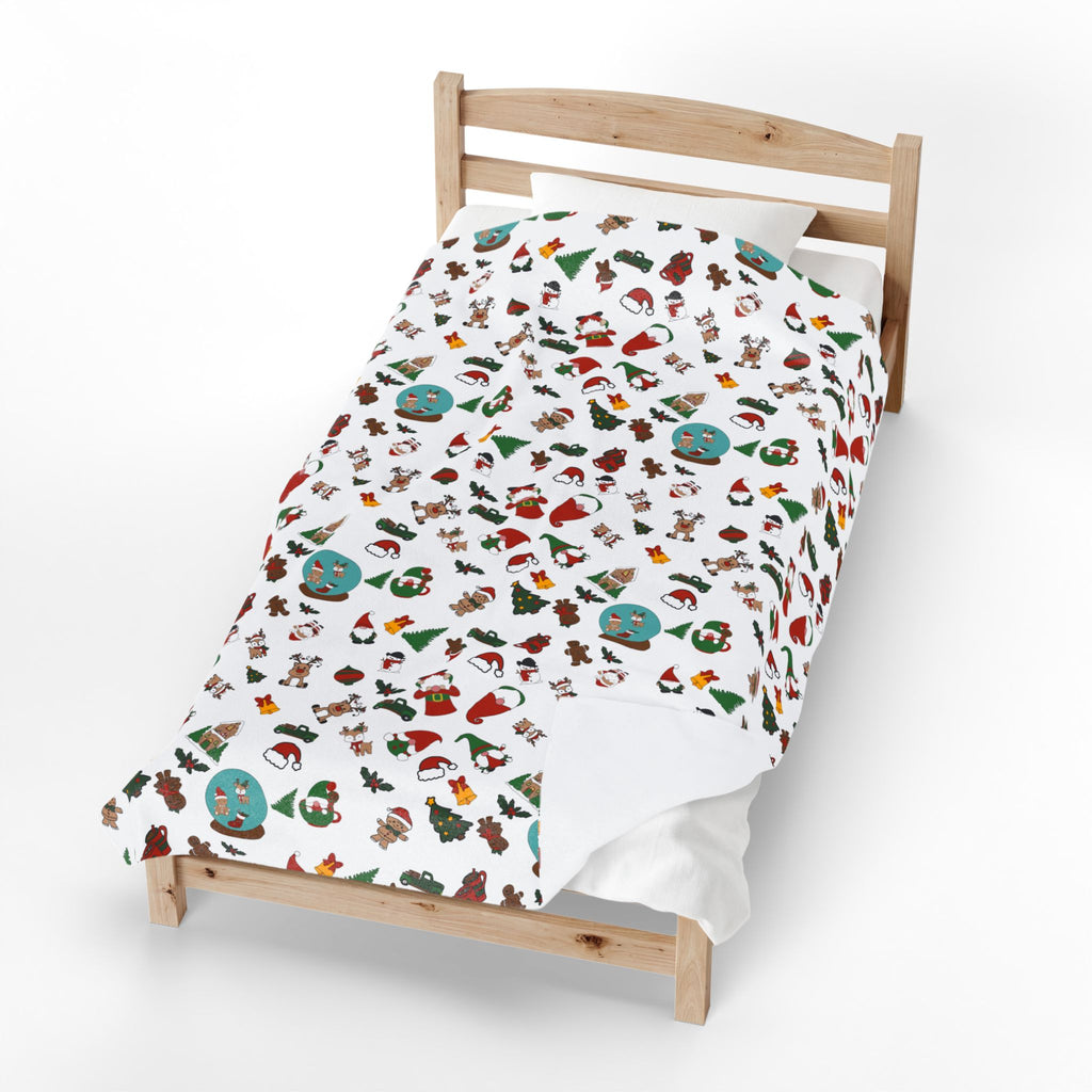 Christmas Cookie Pattern Velveteen Plush Blanket | Holiday Gingerbread Santa Trees