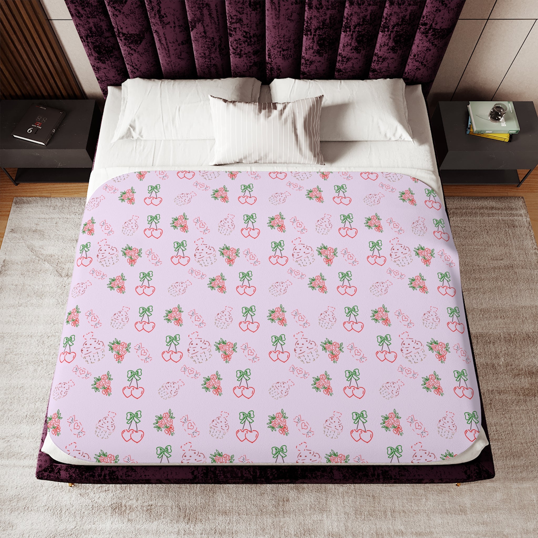 Cherry , Cupcakes, Flowers Pattern Sherpa Blanket | Reversible Cozy Throw