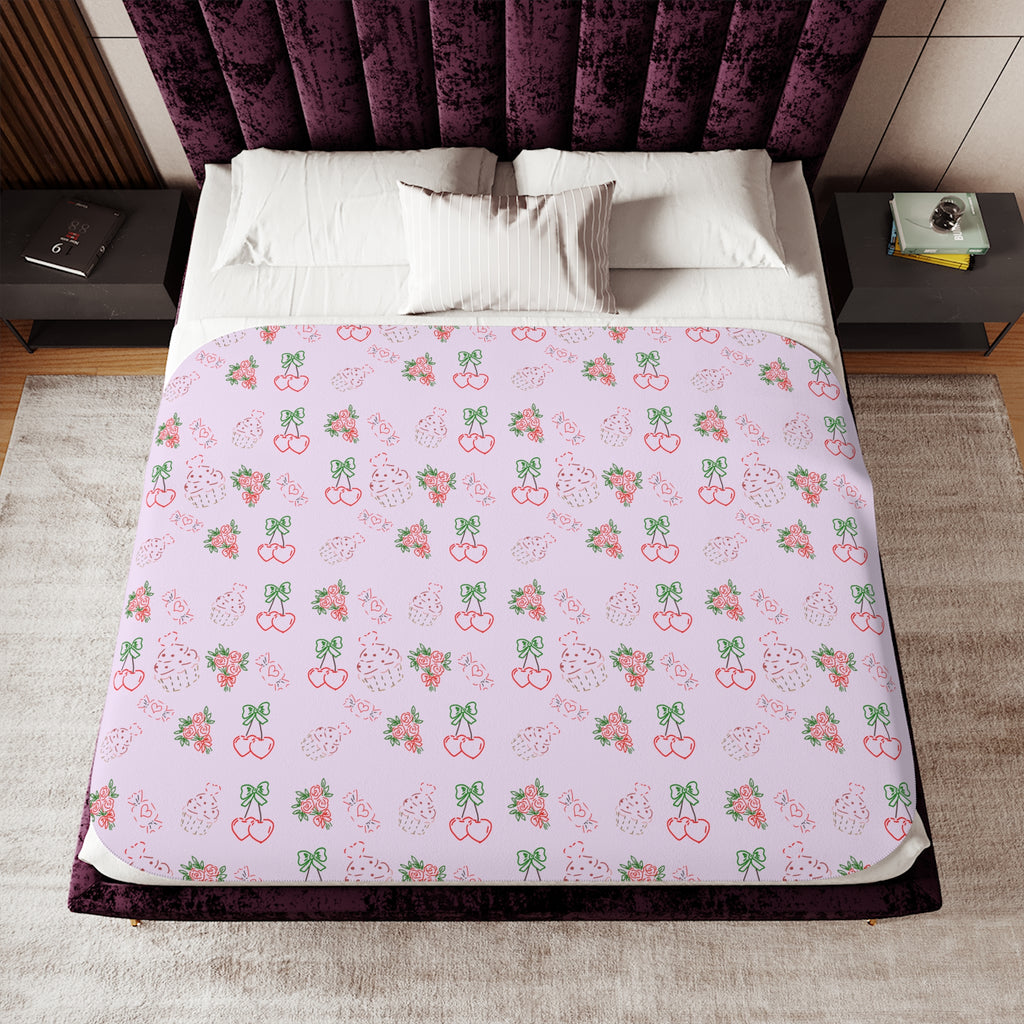 Cherry , Cupcakes, Flowers Pattern Sherpa Blanket | Reversible Cozy Throw