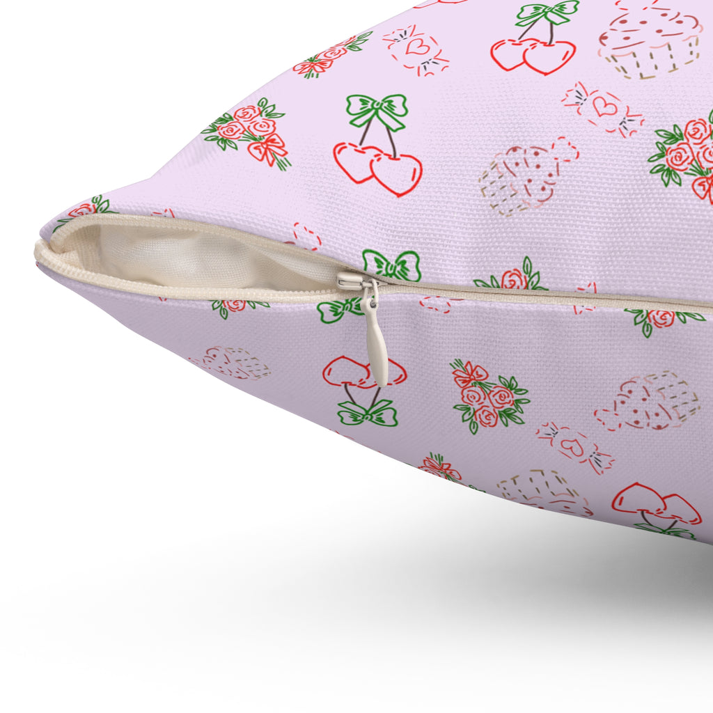 Cherry , Cupcakes , Flowers - Valentines Day Pattern Pillow | Pink Floral Cherry Throw Pillow