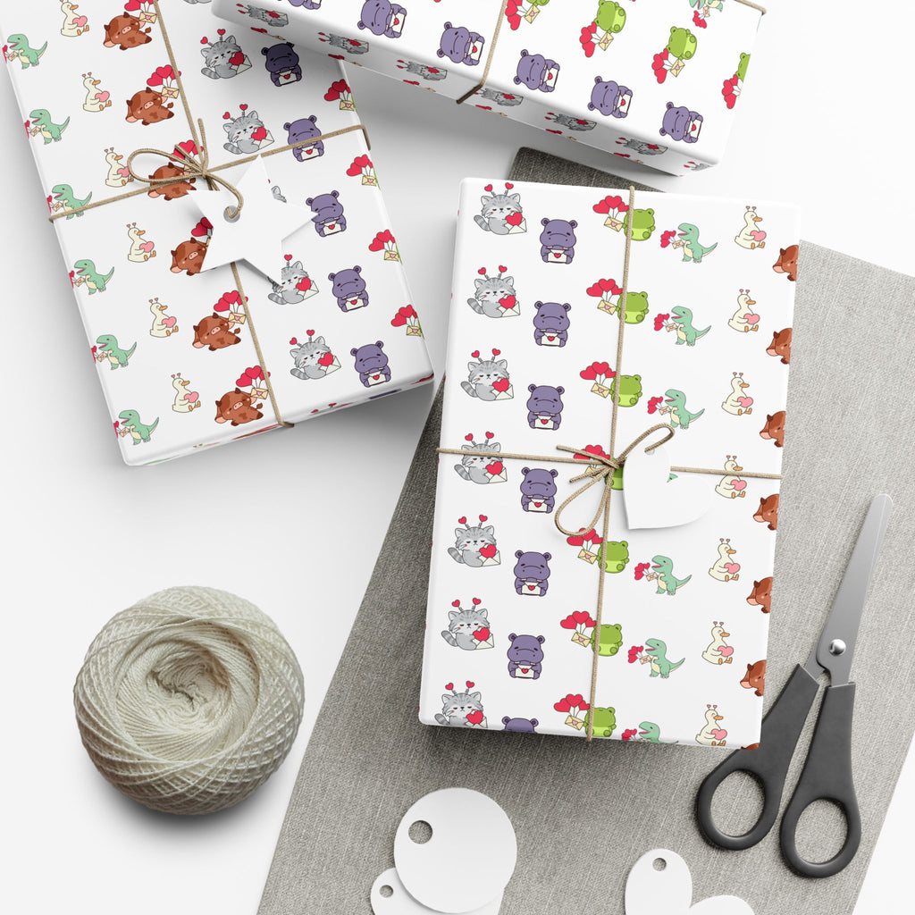 Cute Animal Valentines Pattern Gift Wrap Paper | Repeating Fox Bear Frog Design