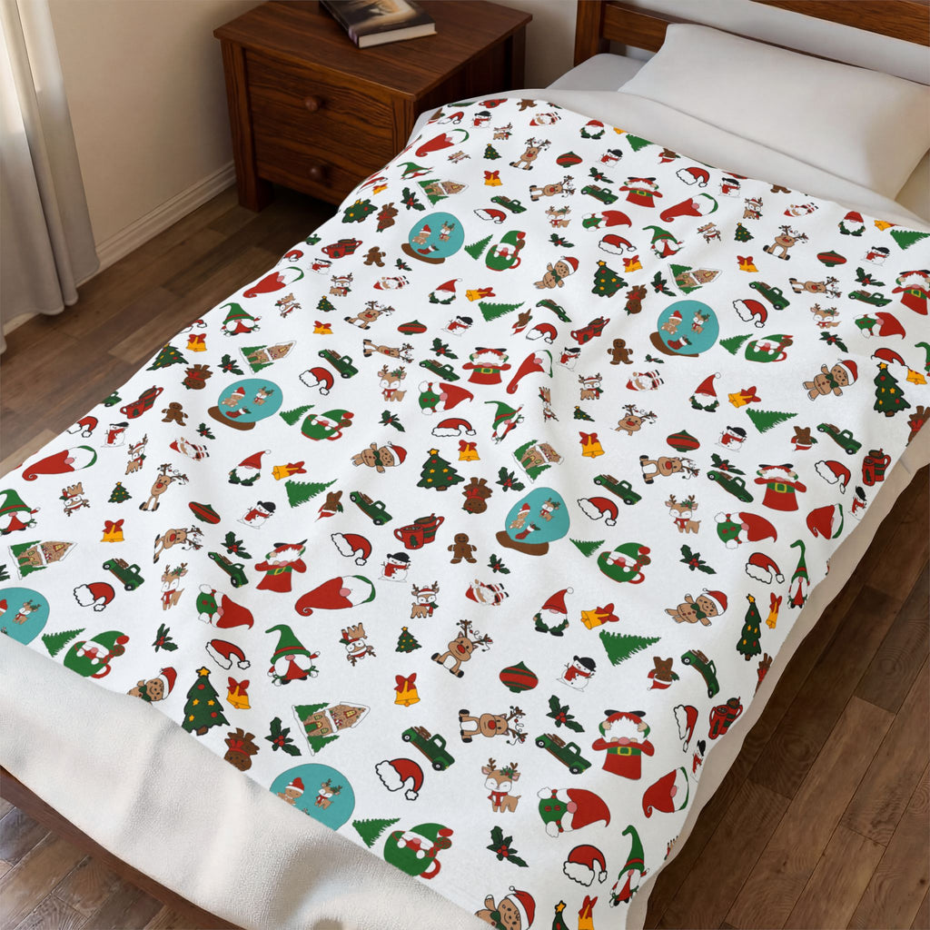 Christmas Cookie Pattern Velveteen Plush Blanket | Holiday Gingerbread Santa Trees