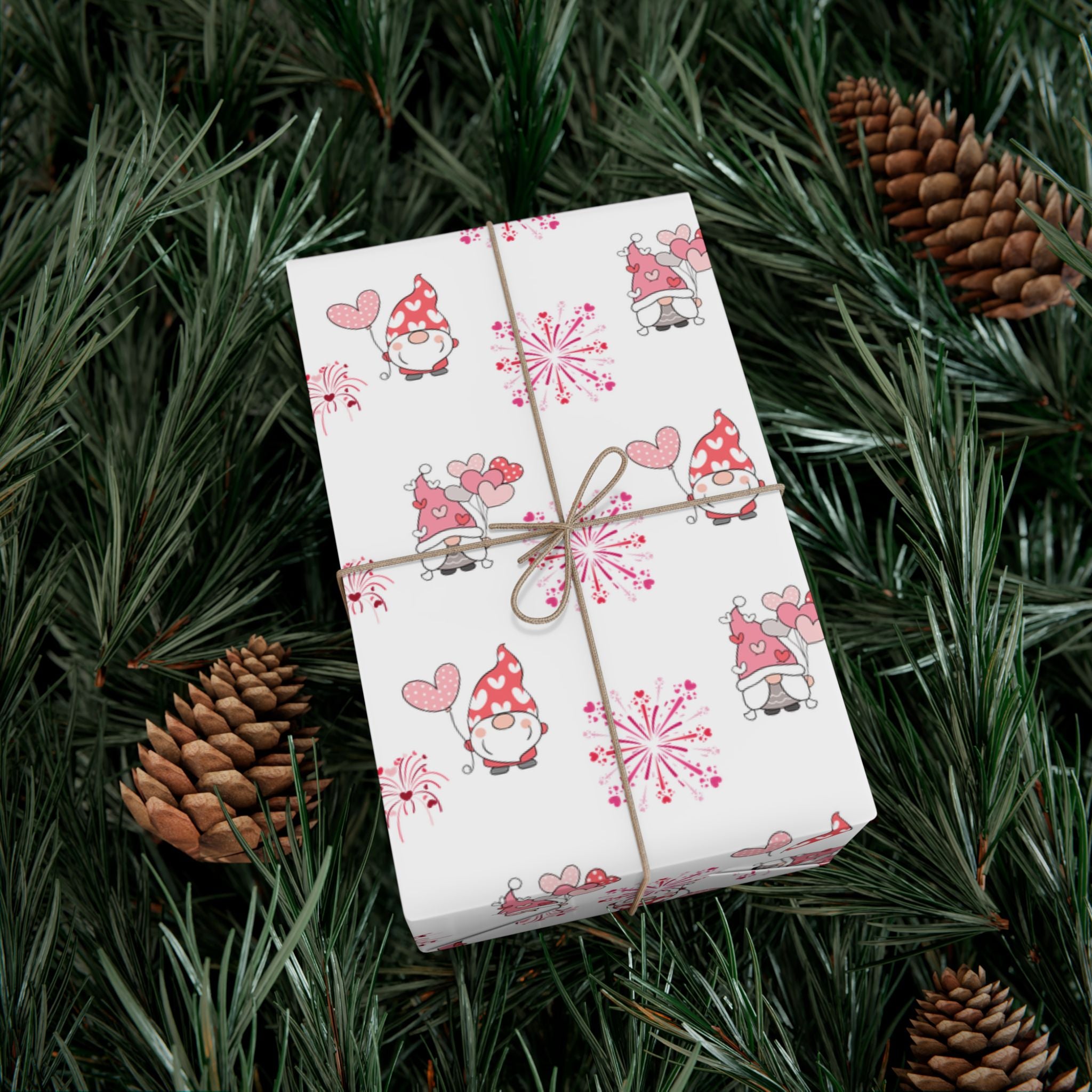 Valentine Gnome Pattern Gift Wrap, Pink Heart Wrapping Paper | Cute Gnomes