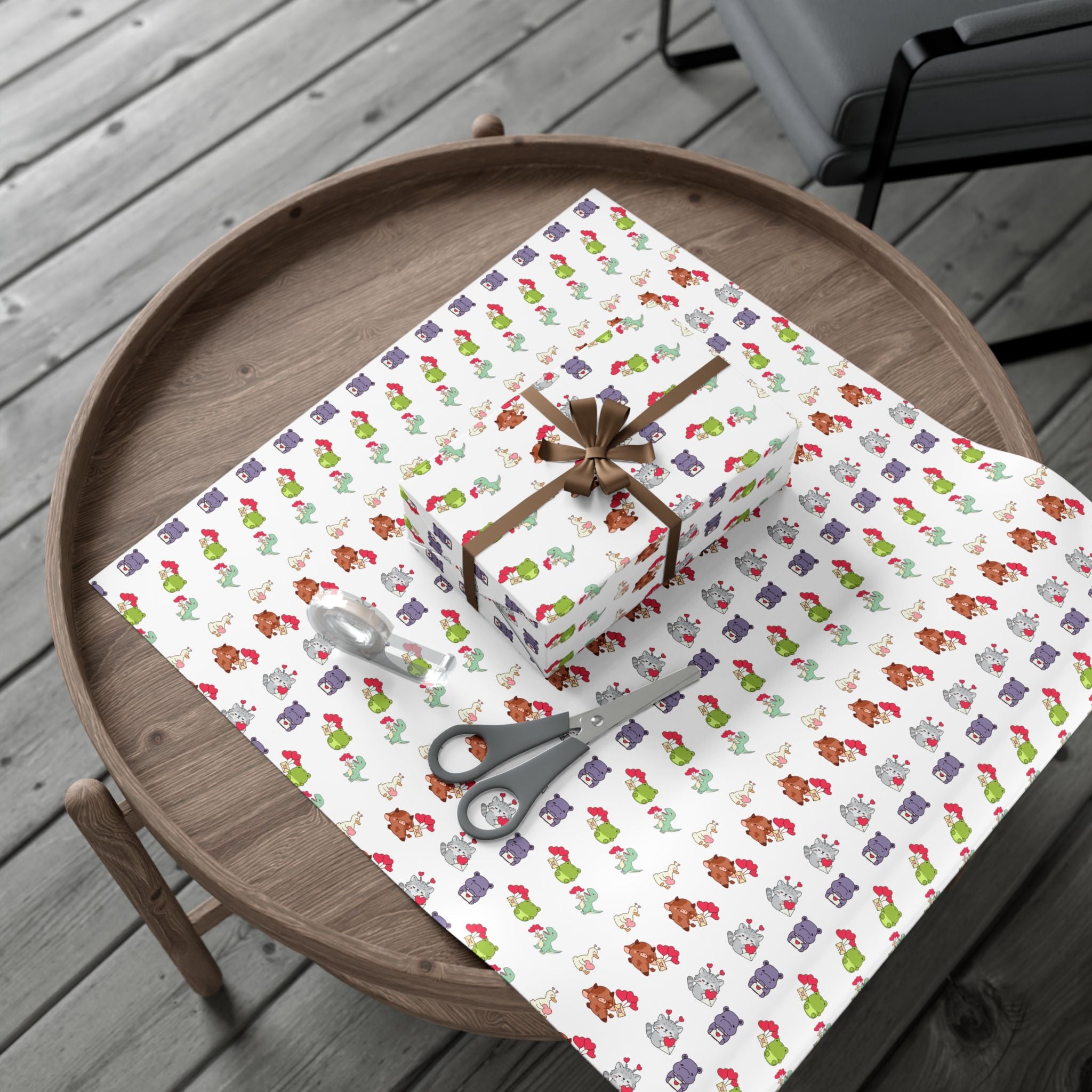 Cute Animal Valentines Pattern Gift Wrap Paper | Repeating Fox Bear Frog Design