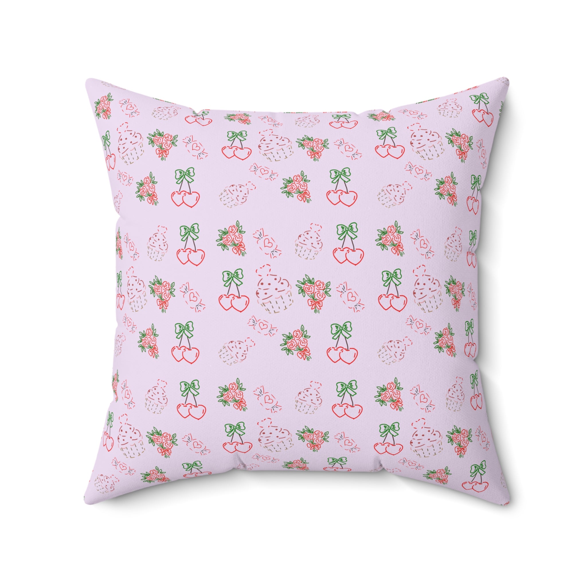 Cherry , Cupcakes , Flowers - Valentines Day Pattern Pillow | Pink Floral Cherry Throw Pillow