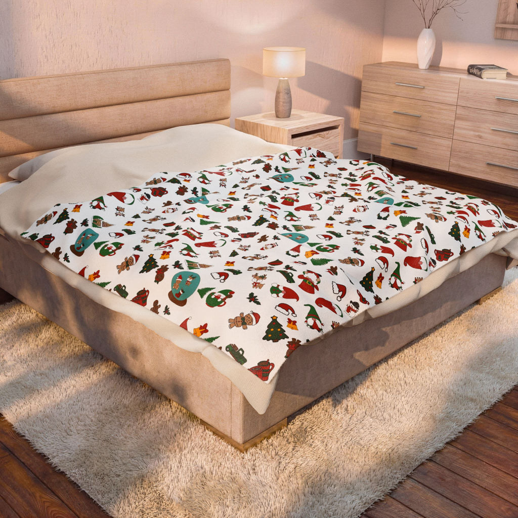 Christmas Cookie Pattern Velveteen Plush Blanket | Holiday Gingerbread Santa Trees