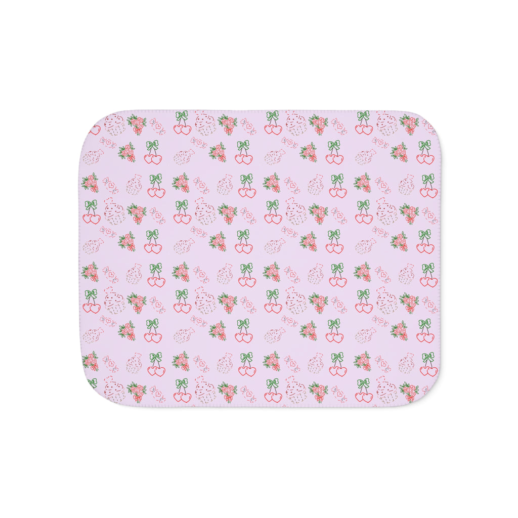 Cherry , Cupcakes, Flowers Pattern Sherpa Blanket | Reversible Cozy Throw