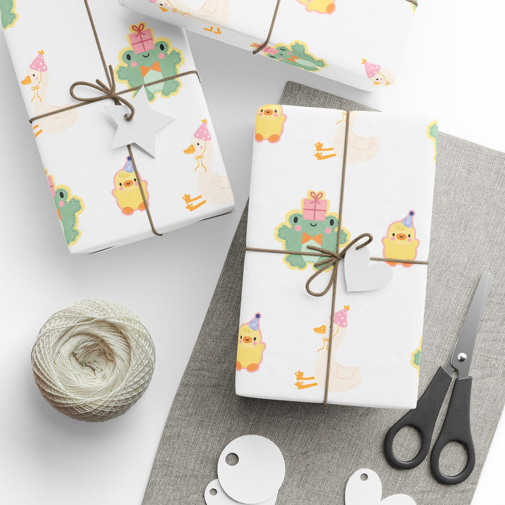 Wrapping Paper, Cute Frog, Chick and Duck Baby Shower/Baby Birthday Gift Wrap, Animal Print, Gender Neutral, Party Supplies, Kids Crafting