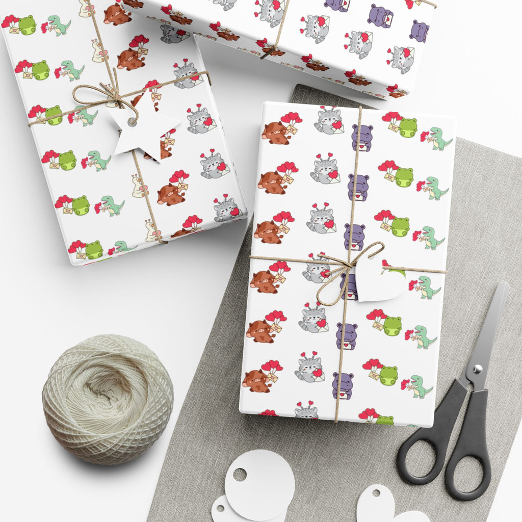 Cute Animal Valentines Pattern Gift Wrap Paper | Repeating Fox Bear Frog Design