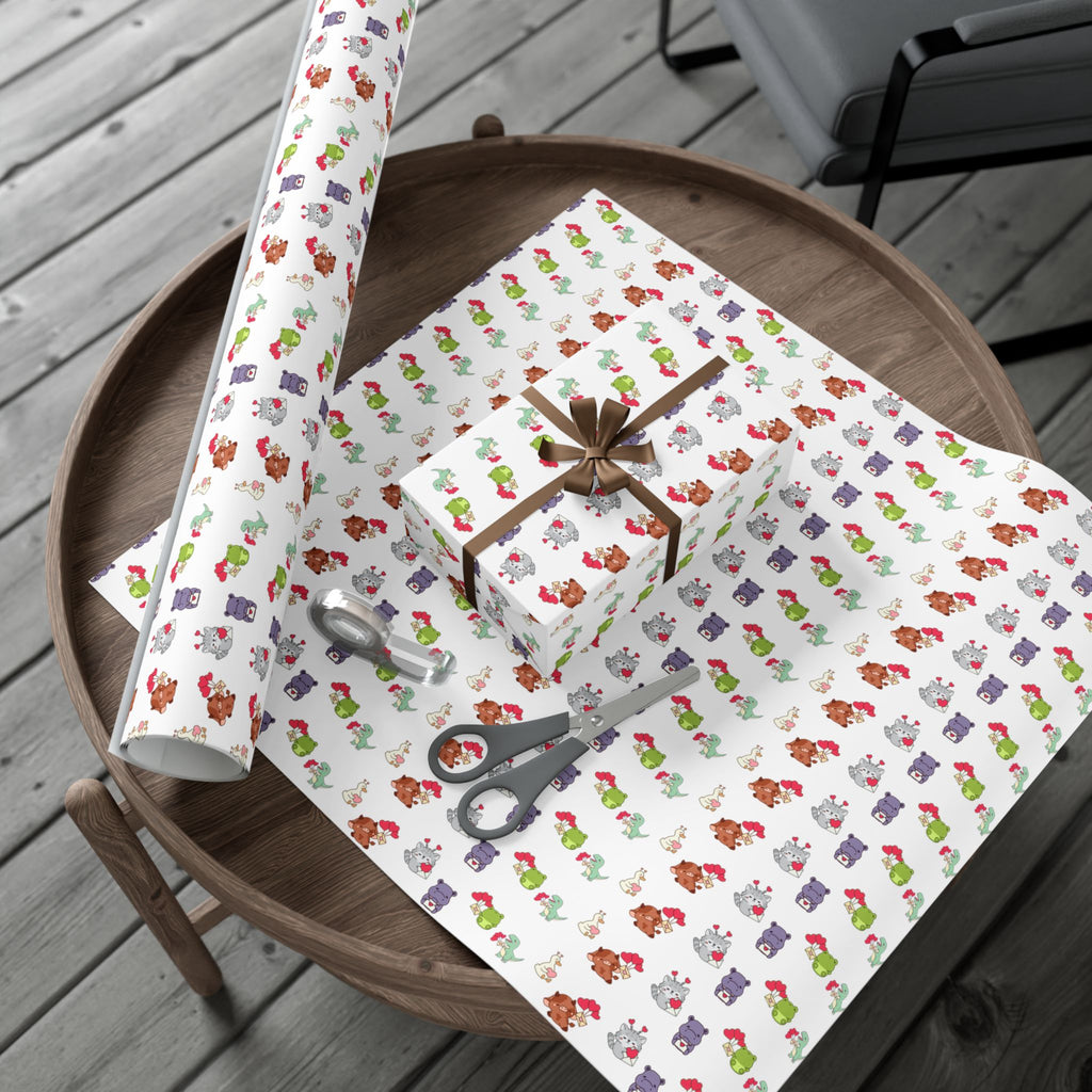 Cute Animal Valentines Pattern Gift Wrap Paper | Repeating Fox Bear Frog Design
