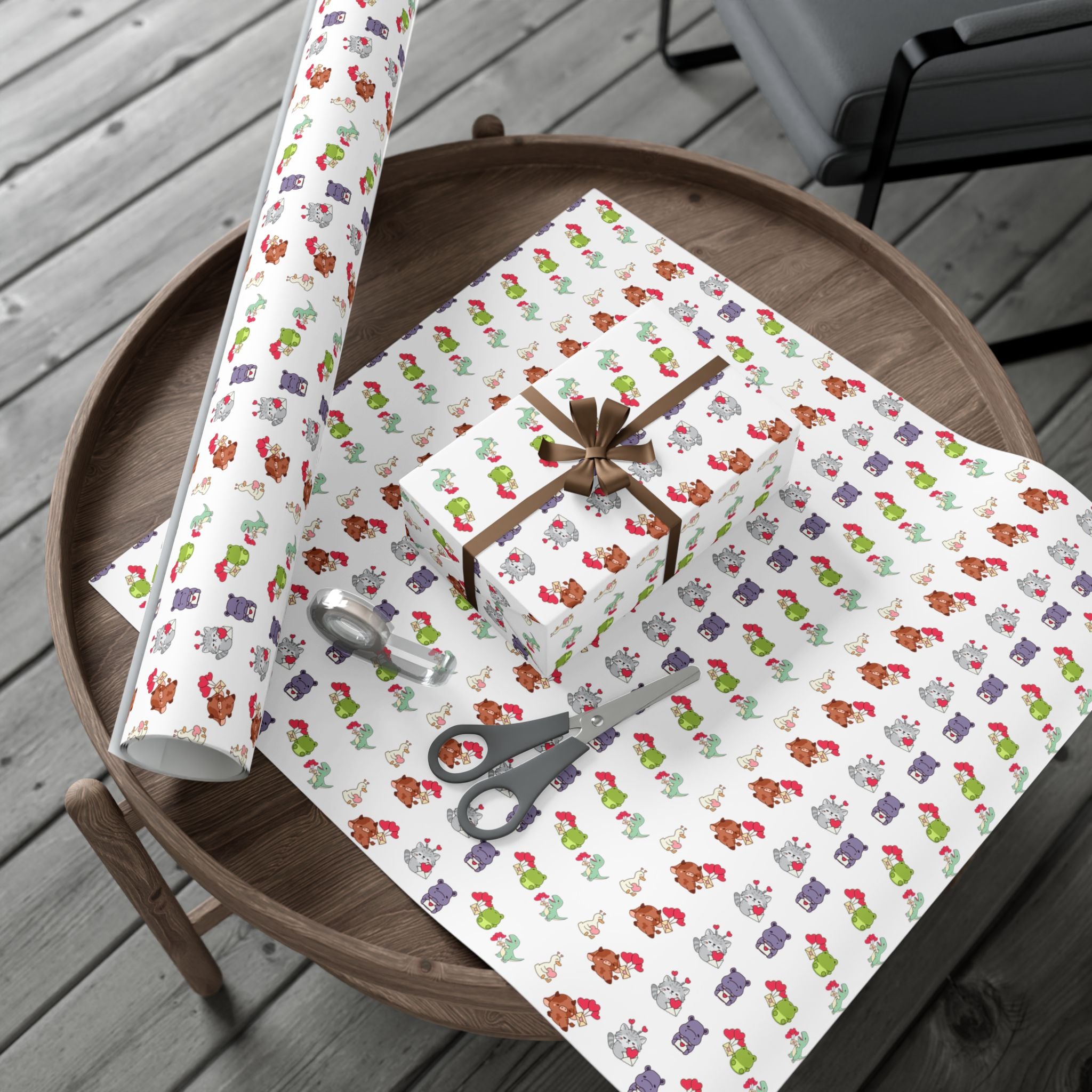 Cute Animal Valentines Pattern Gift Wrap Paper | Repeating Fox Bear Frog Design