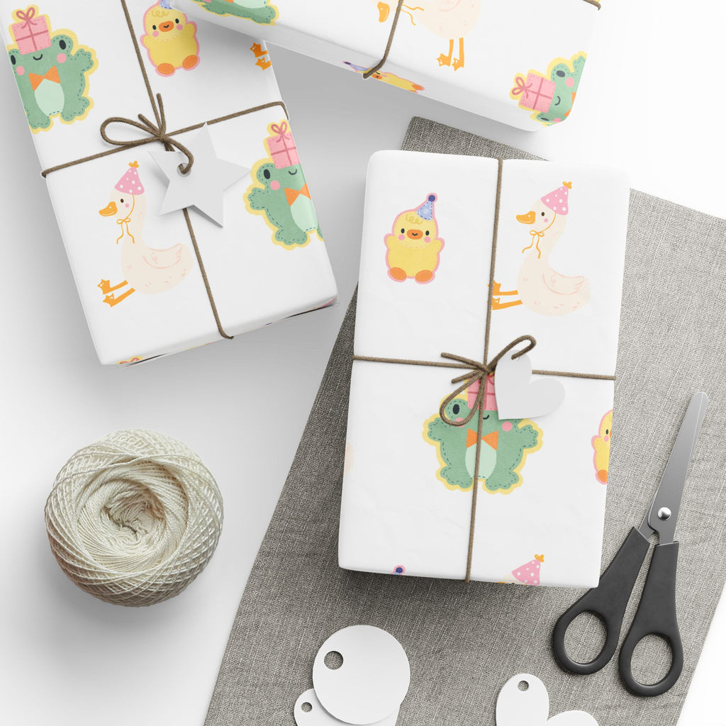 Wrapping Paper, Cute Frog, Chick and Duck Baby Shower/Baby Birthday Gift Wrap, Animal Print, Gender Neutral, Party Supplies, Kids Crafting