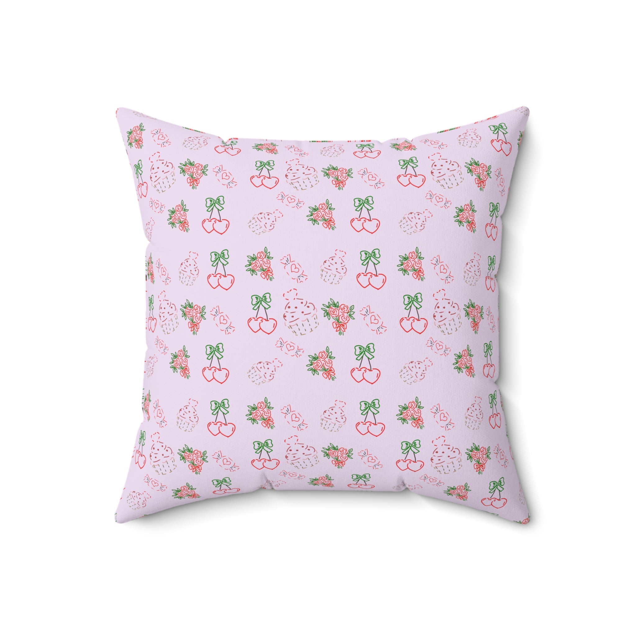 Cherry , Cupcakes , Flowers - Valentines Day Pattern Pillow | Pink Floral Cherry Throw Pillow