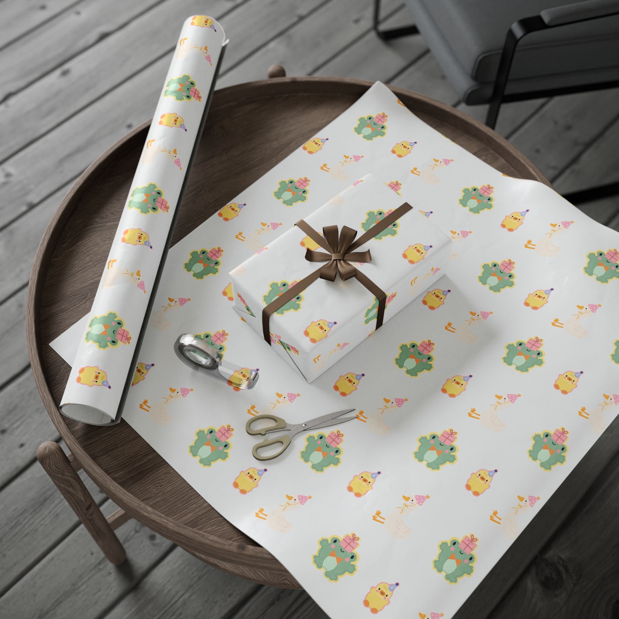 Wrapping Paper, Cute Frog, Chick and Duck Baby Shower/Baby Birthday Gift Wrap, Animal Print, Gender Neutral, Party Supplies, Kids Crafting